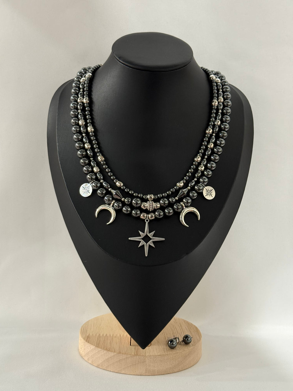 Triple-Strand Necklace with Metal Beads and “Starry Night” Pendants with Earrings | Three Strands