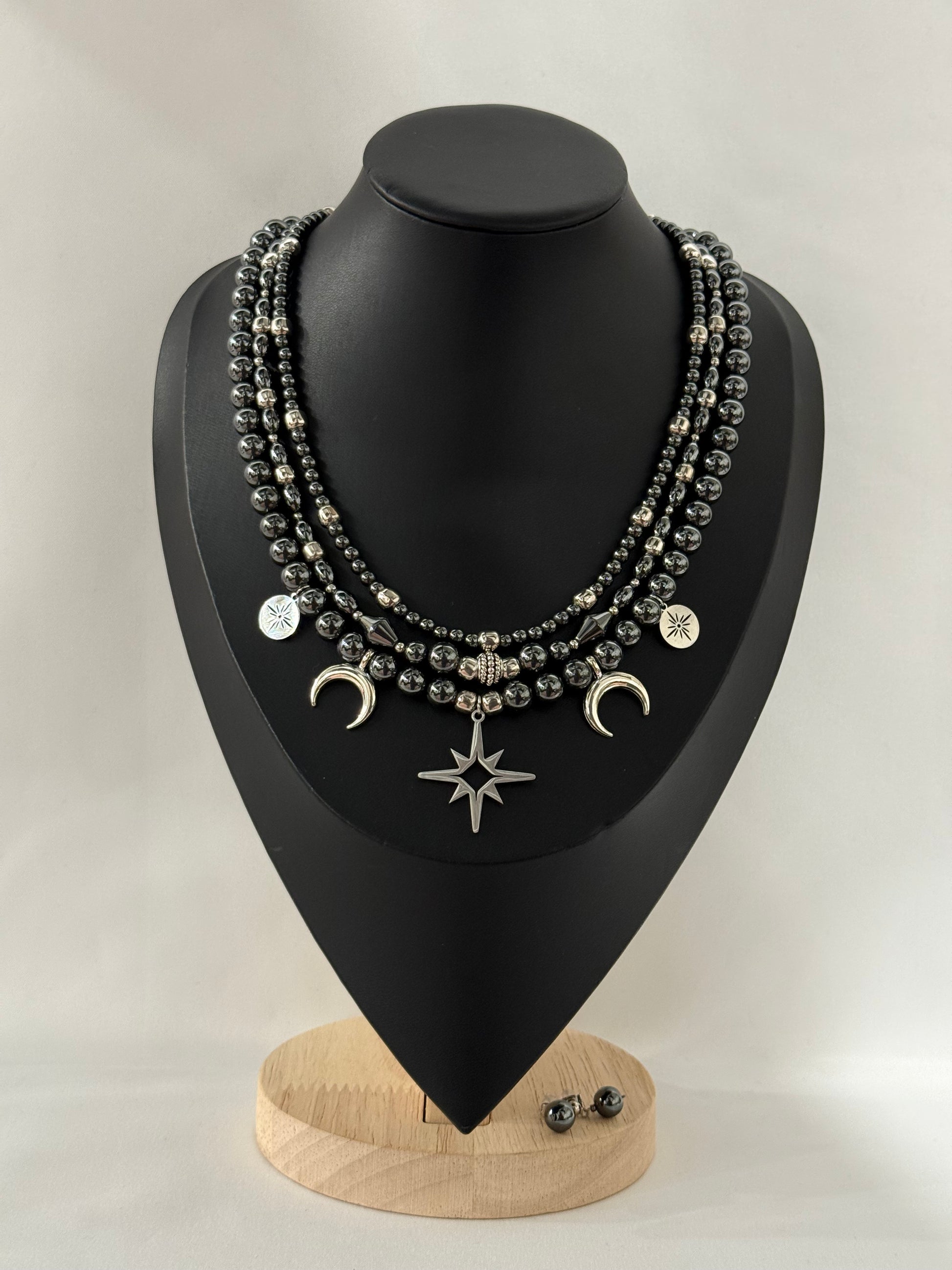 Triple-Strand Necklace with Metal Beads and “Starry Night” Pendants with Earrings | Three Strands