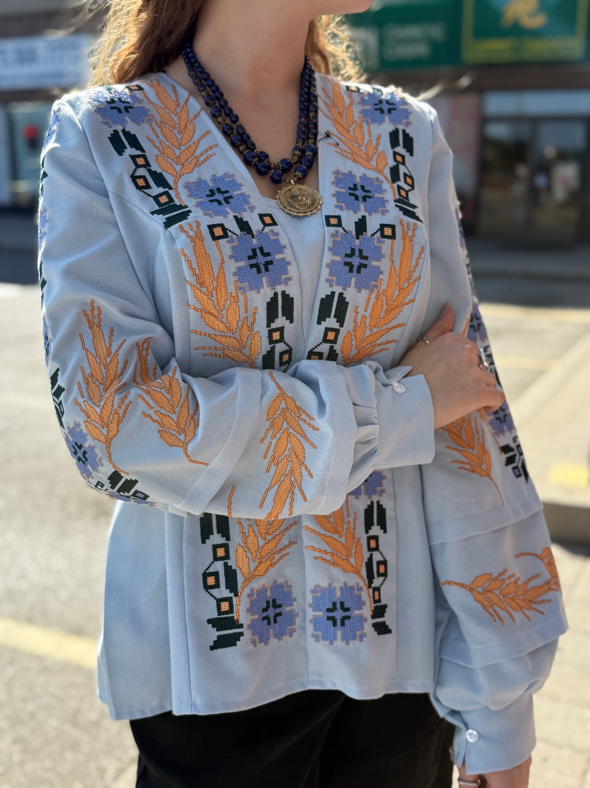 Women’s Embroidered Shirt "Cornflowers" – Light Blue Ukrainian Vyshyvanka with Floral Motifs