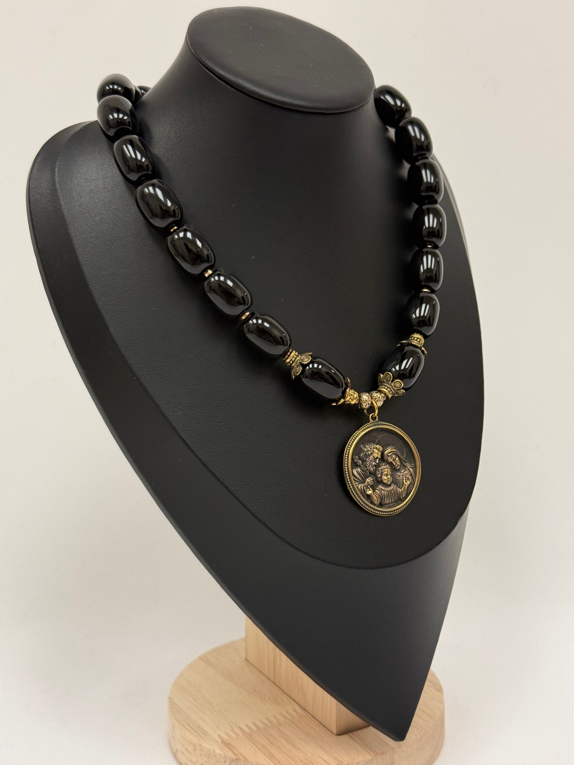 Single-Strand Necklace – Black Agate with Brass "Holy Family" Pendant
