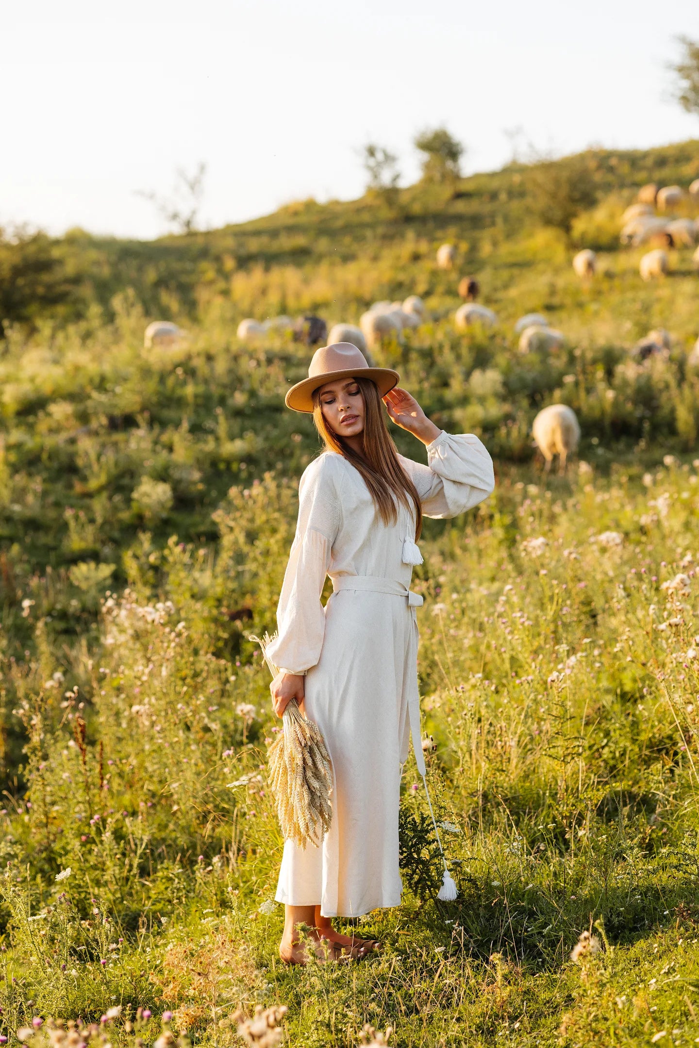 Sand Linen Dress with Tonal Embroidery