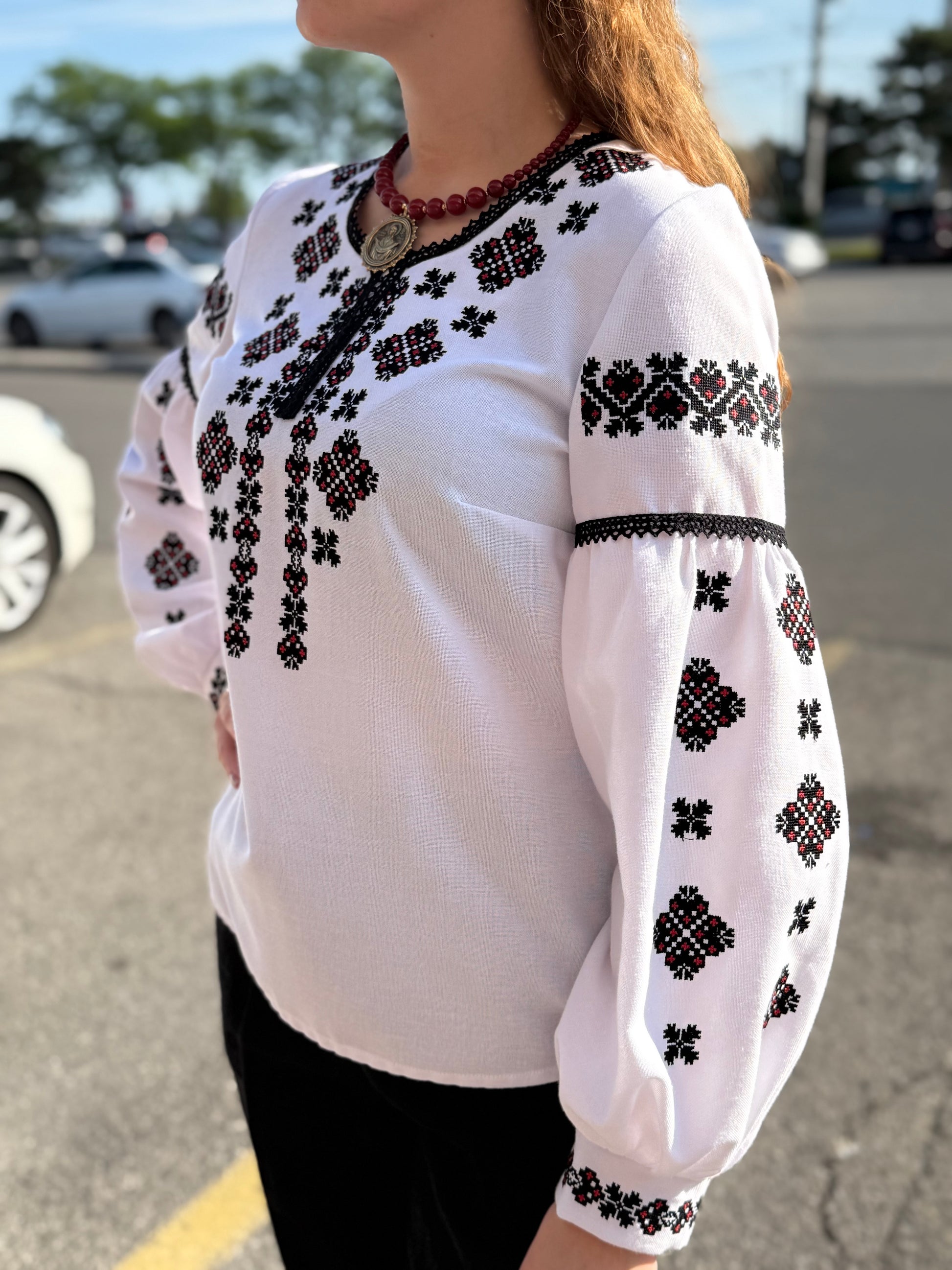 Women’s Embroidered Shirt "Heart" – White Ukrainian Vyshyvanka with Red and Black Embroidery