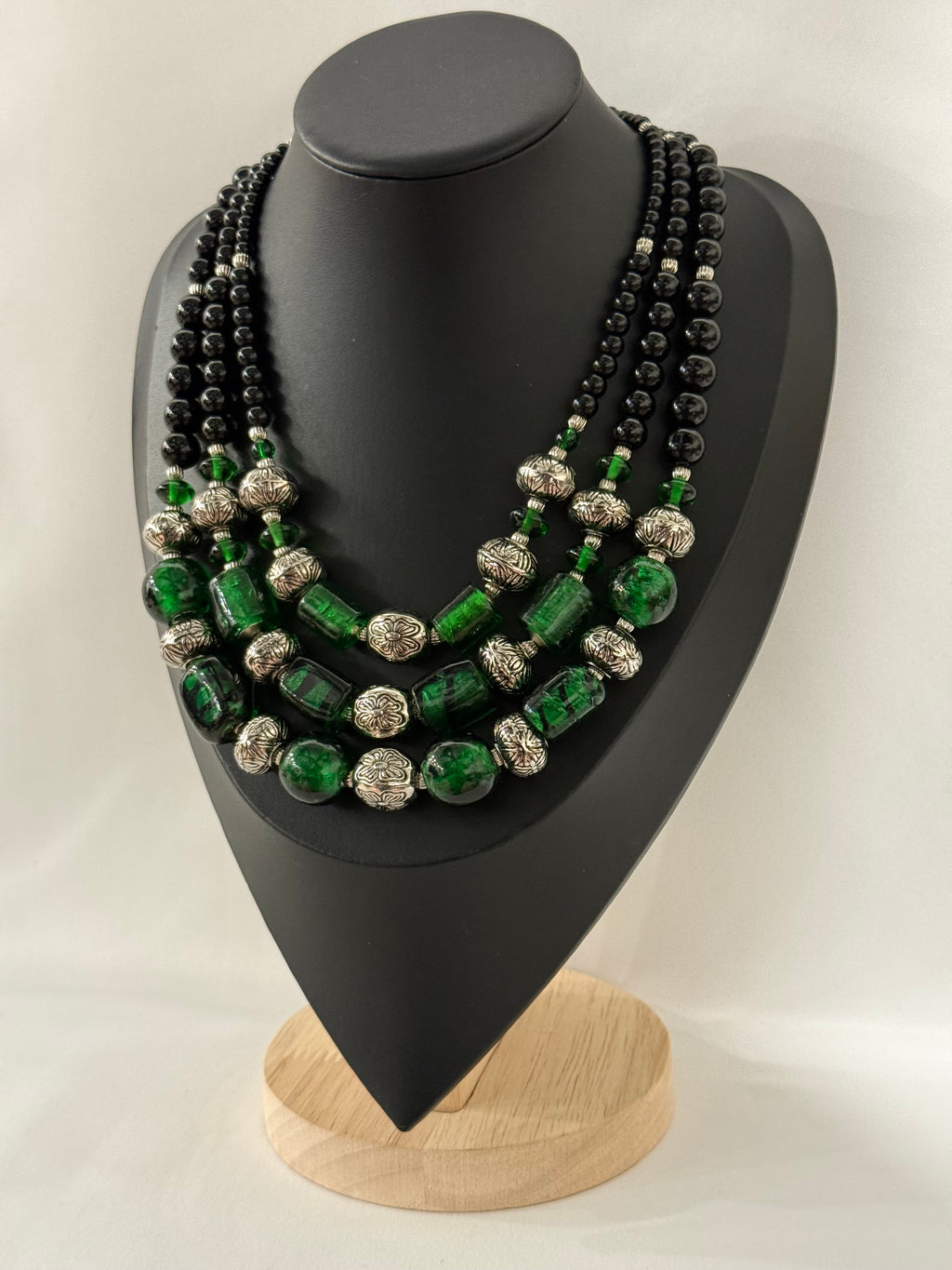 Triple-Strand Luxury Necklace in Vintage Murano Green Glass | Three Strands