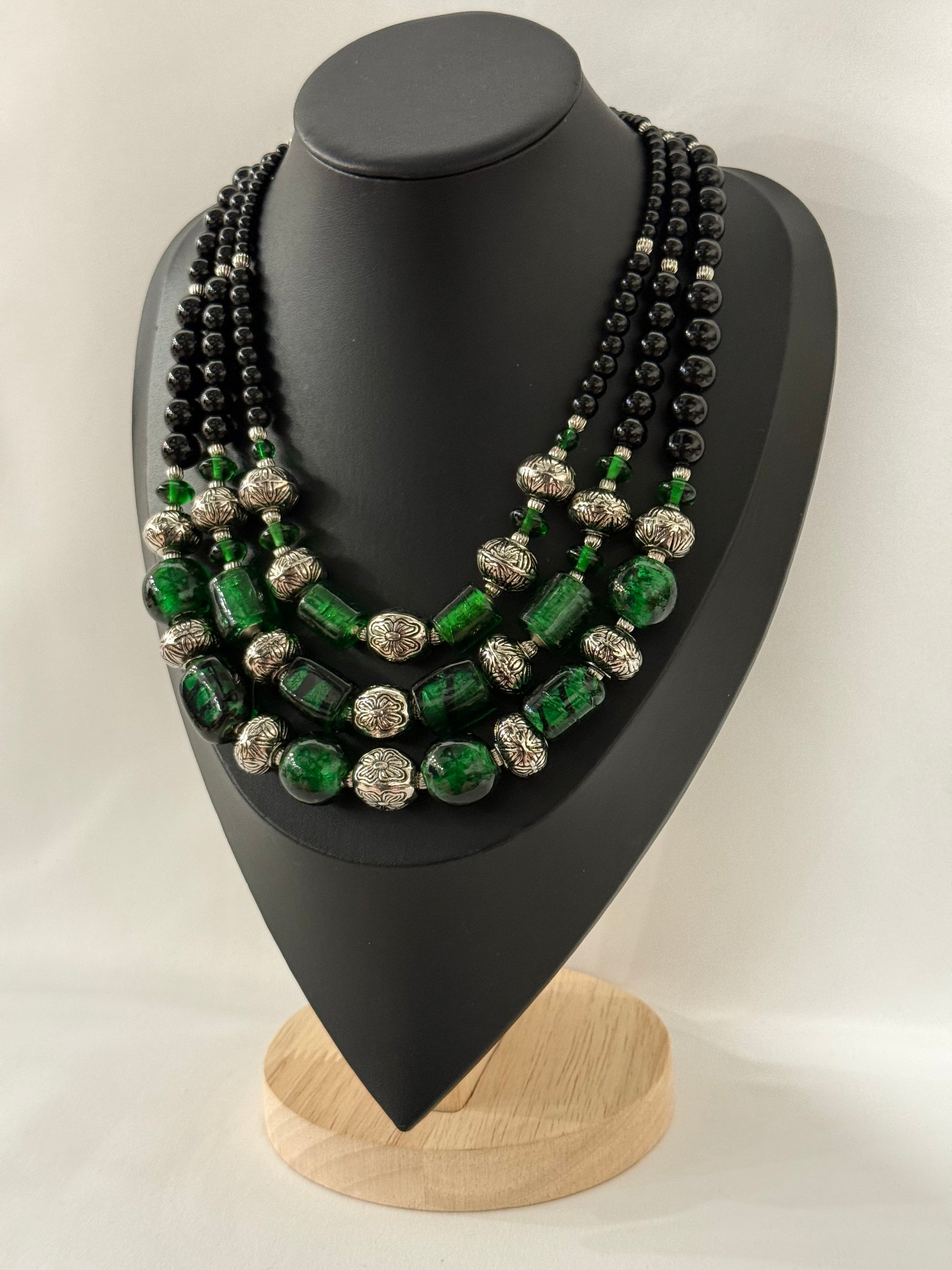 Triple-Strand Luxury Necklace in Vintage Murano Green Glass | Three Strands