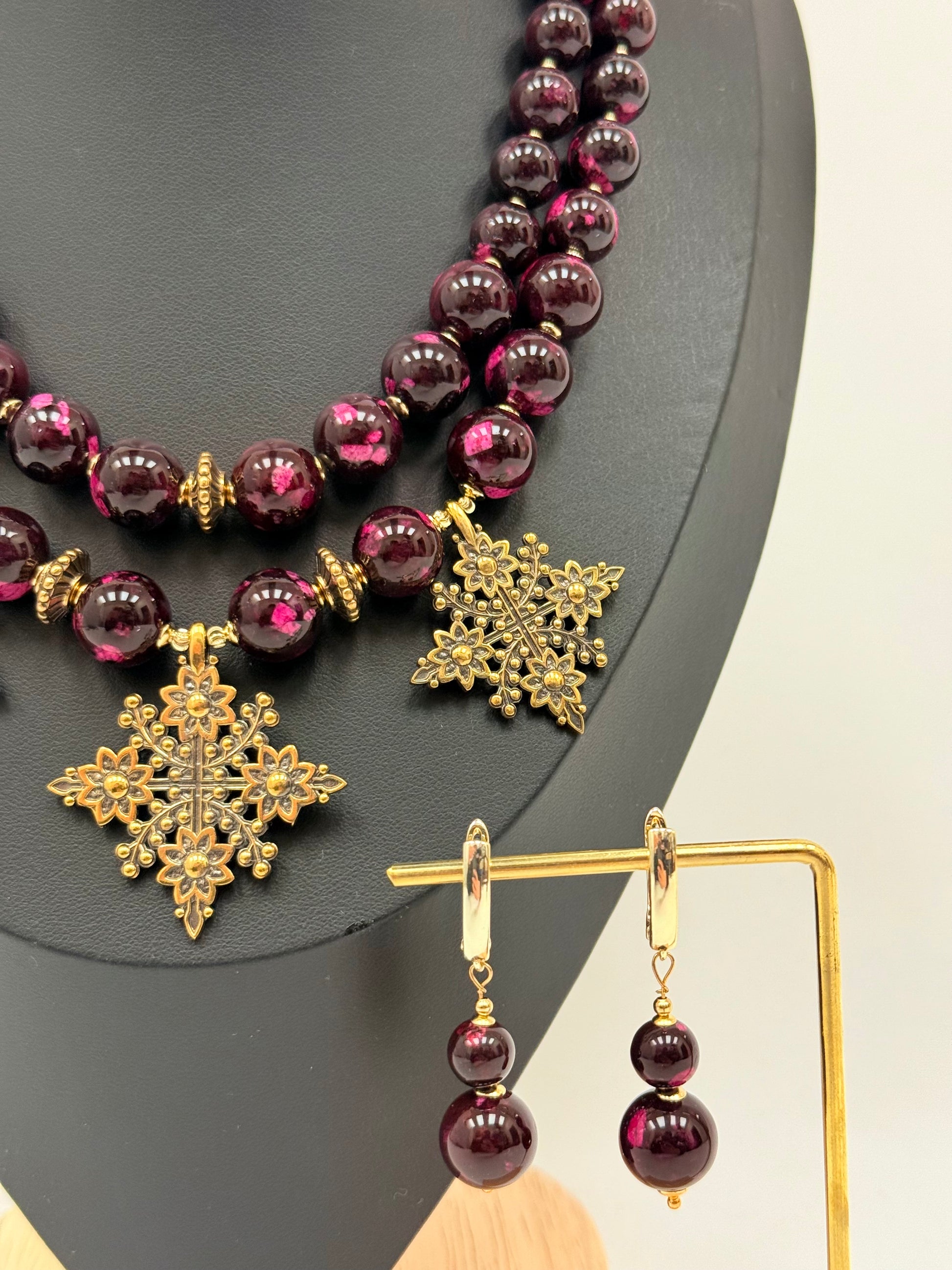 Two-Strand Pink-Brown Jasper Necklace with Brass Flower-Shaped Cross Pendants