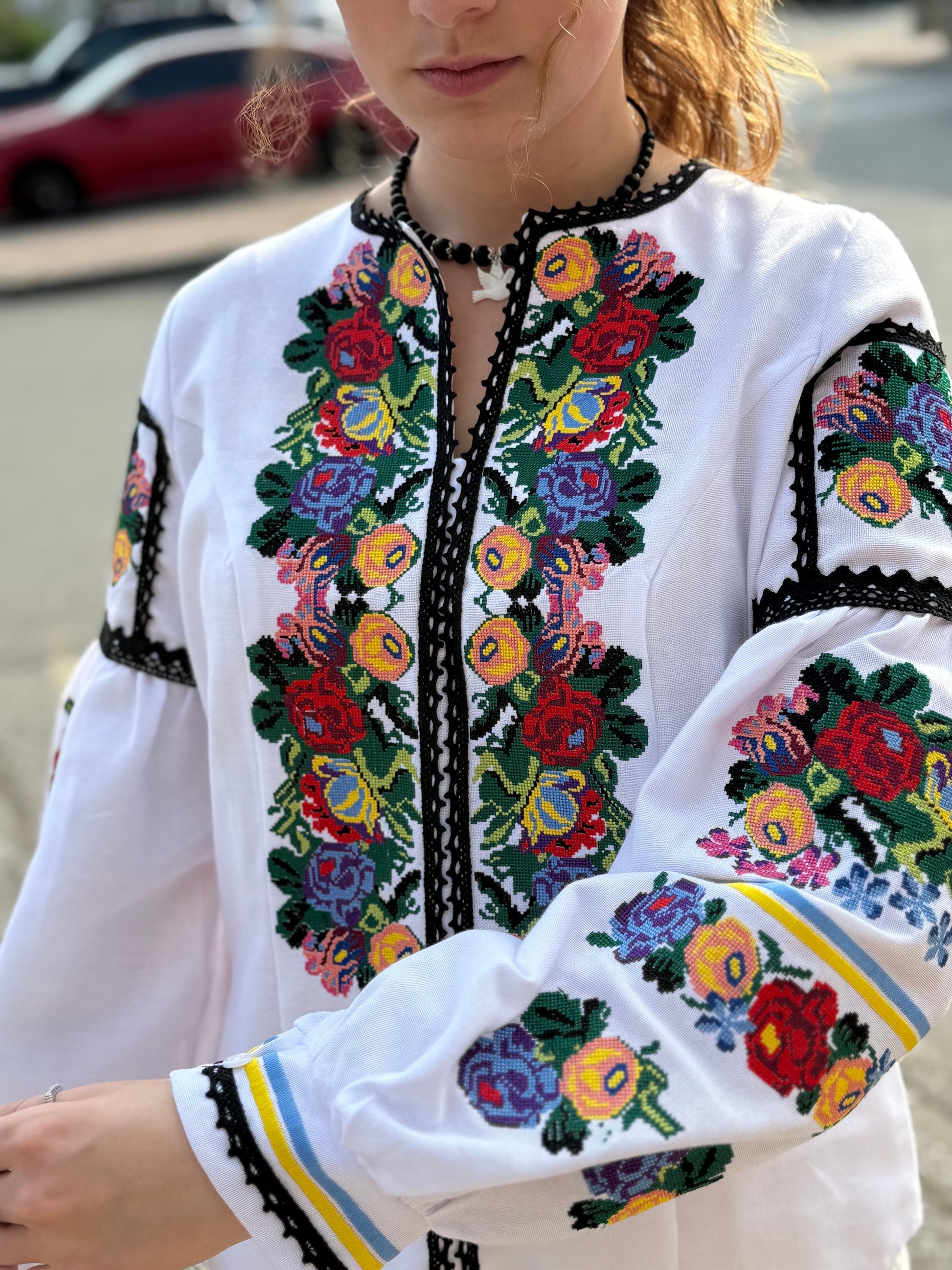 Women’s Embroidered Shirt "Patriotic" – White Ukrainian Vyshyvanka with Floral Motifs