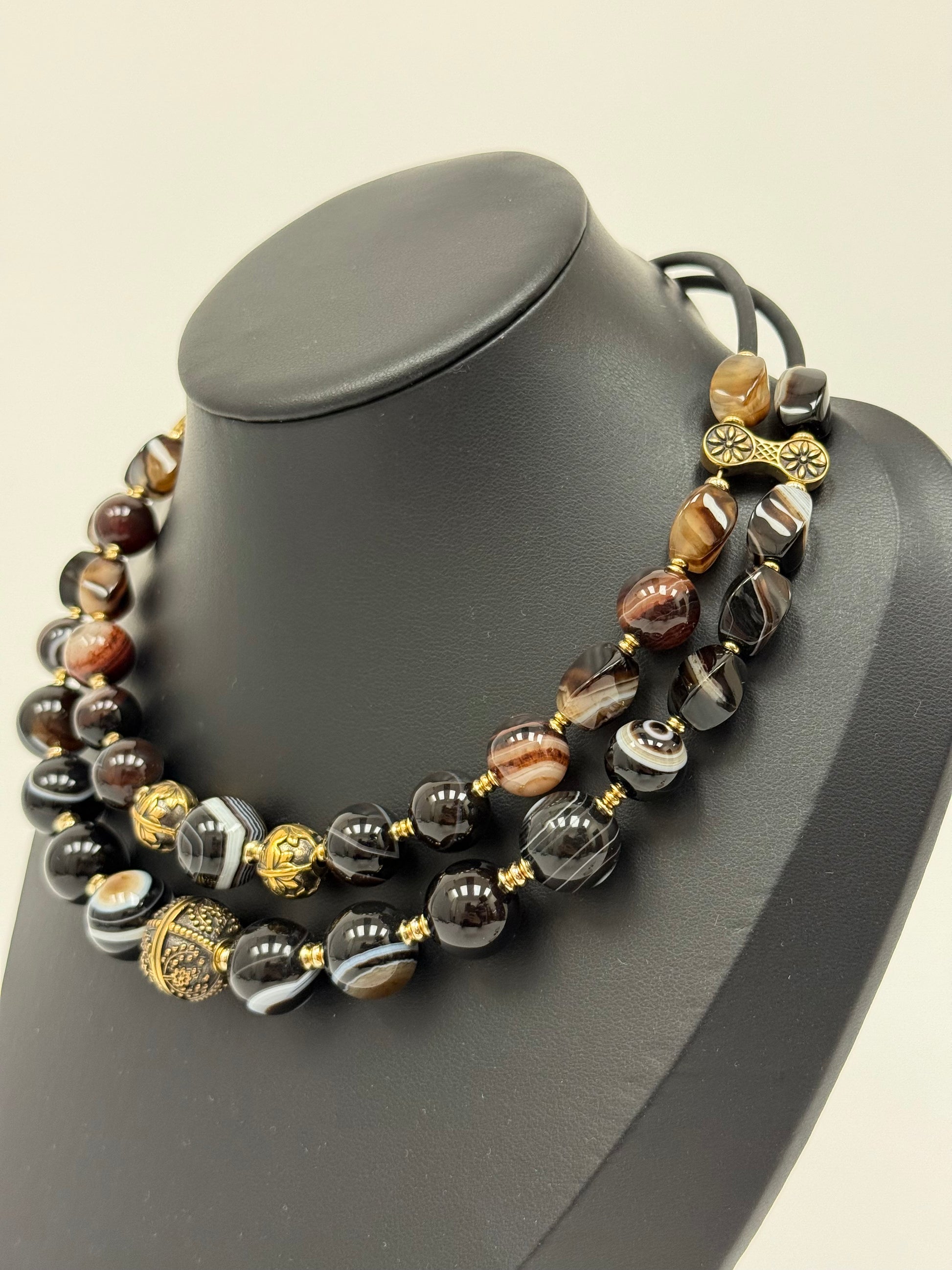 Two-Strand Striped Agate Choker with Brass Beads
