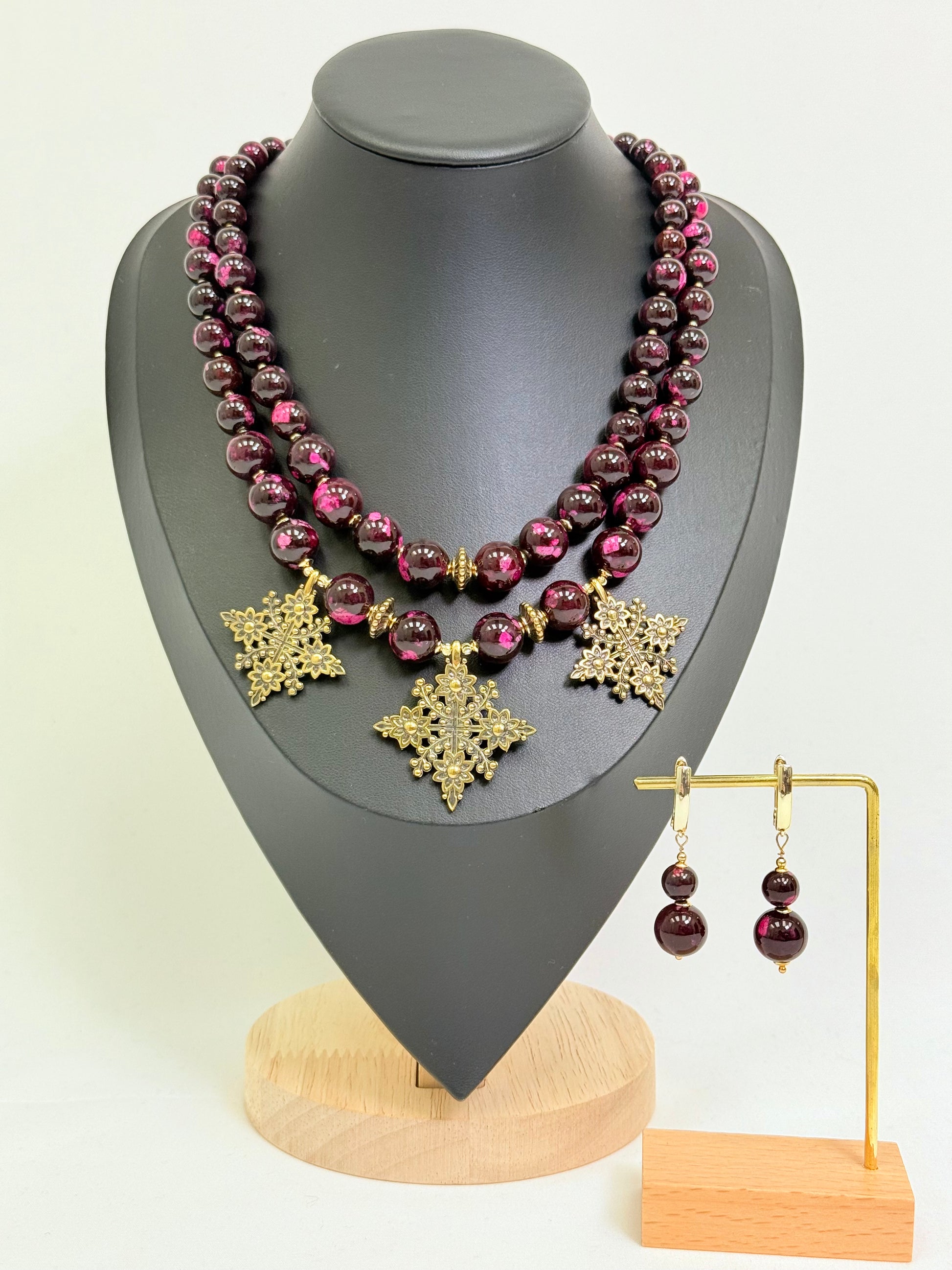 Two-Strand Pink-Brown Jasper Necklace with Brass Flower-Shaped Cross Pendants