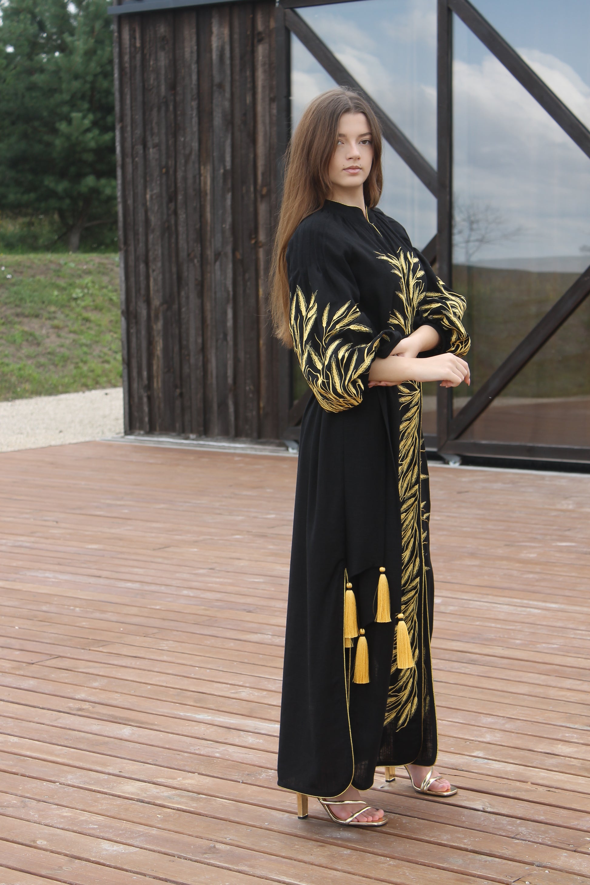 Black Linen Dress with Wheat Embroidery