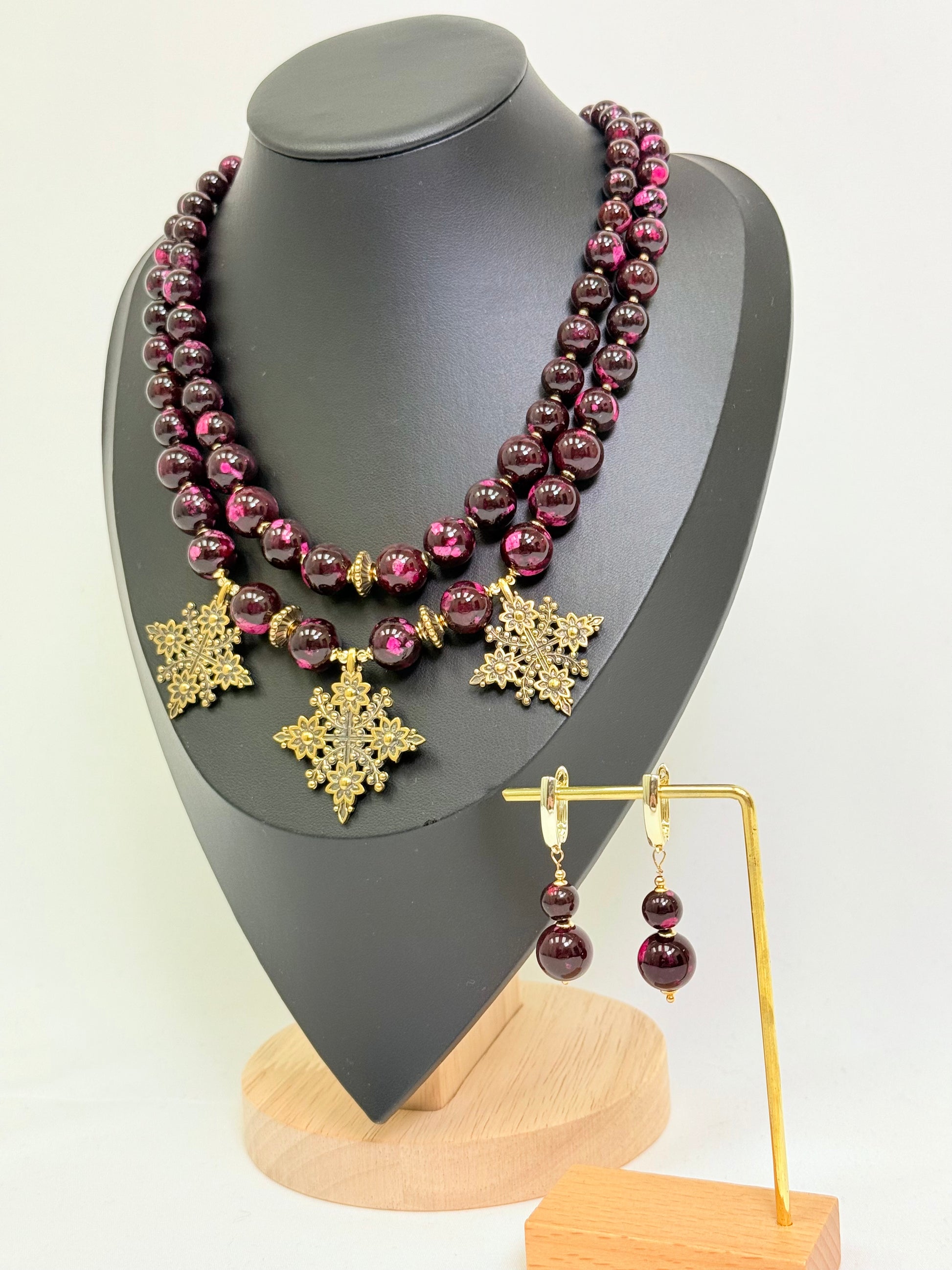Two-Strand Pink-Brown Jasper Necklace with Brass Flower-Shaped Cross Pendants