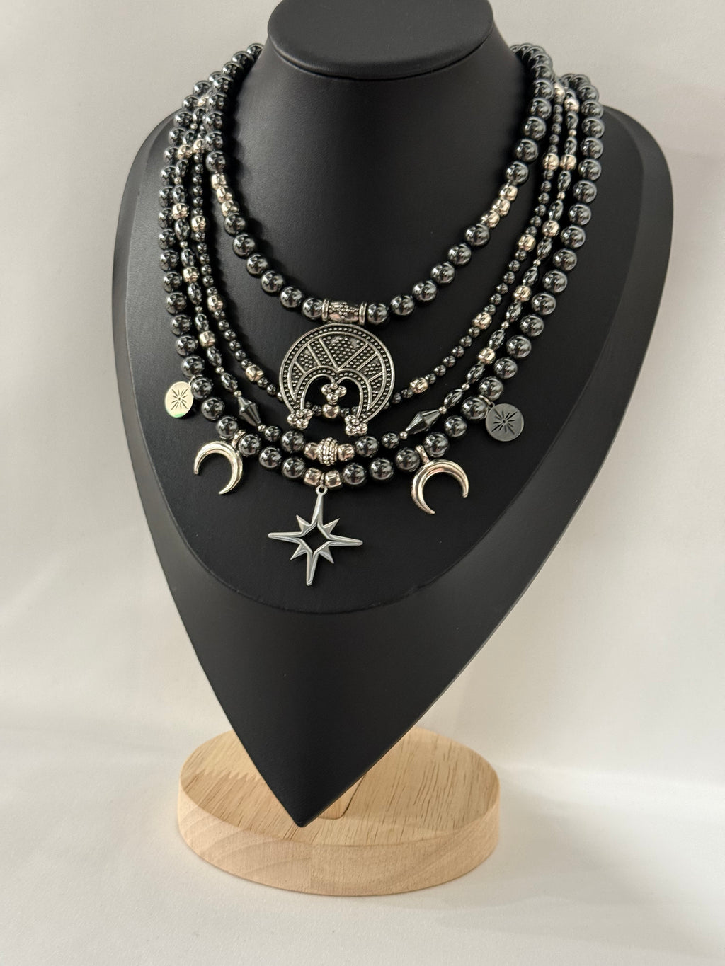 Triple-Strand Necklace with Metal Beads and “Starry Night” Pendants with Earrings | Three Strands