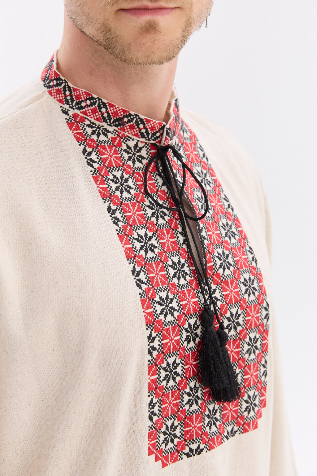Men’s Embroidered Shirt with Traditional Red & Black Ornament