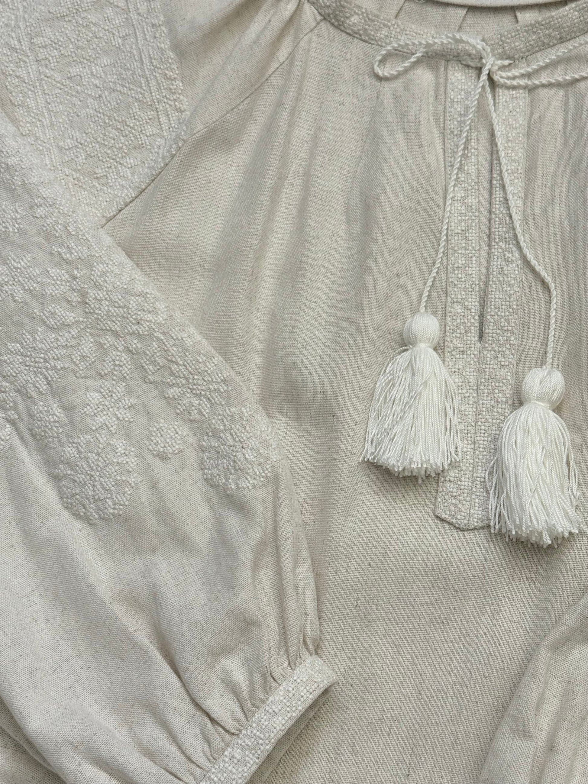 Sand Linen Dress with Tonal Embroidery