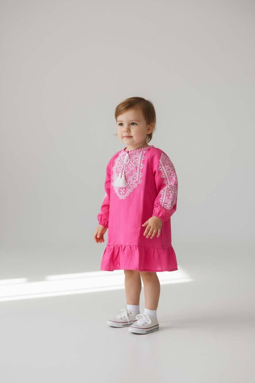 Girls Pink Viscose Vyshyvanka Dress Long Sleeve In Ukrainian Traditions
