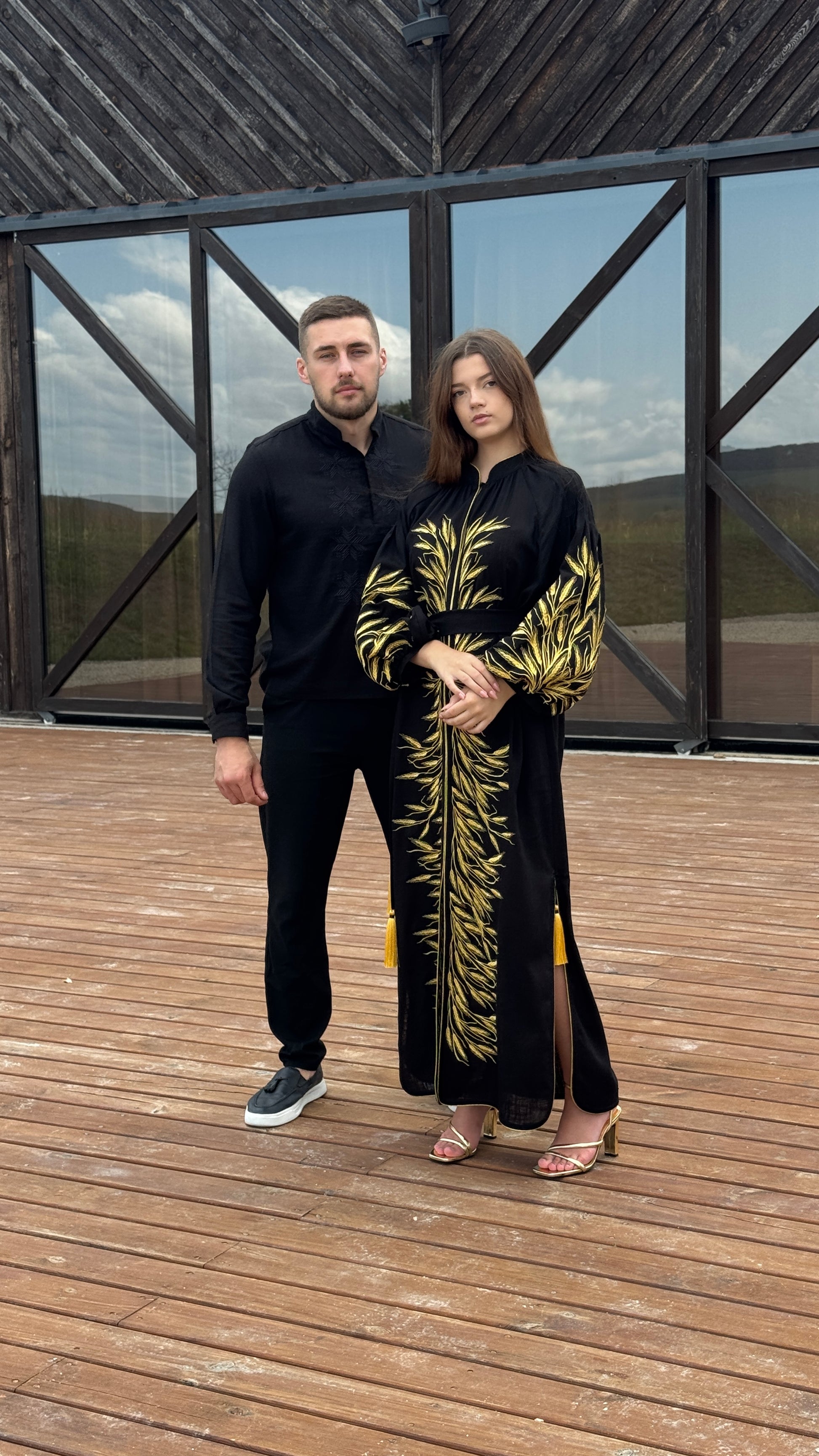 Black Linen Dress with Wheat Embroidery