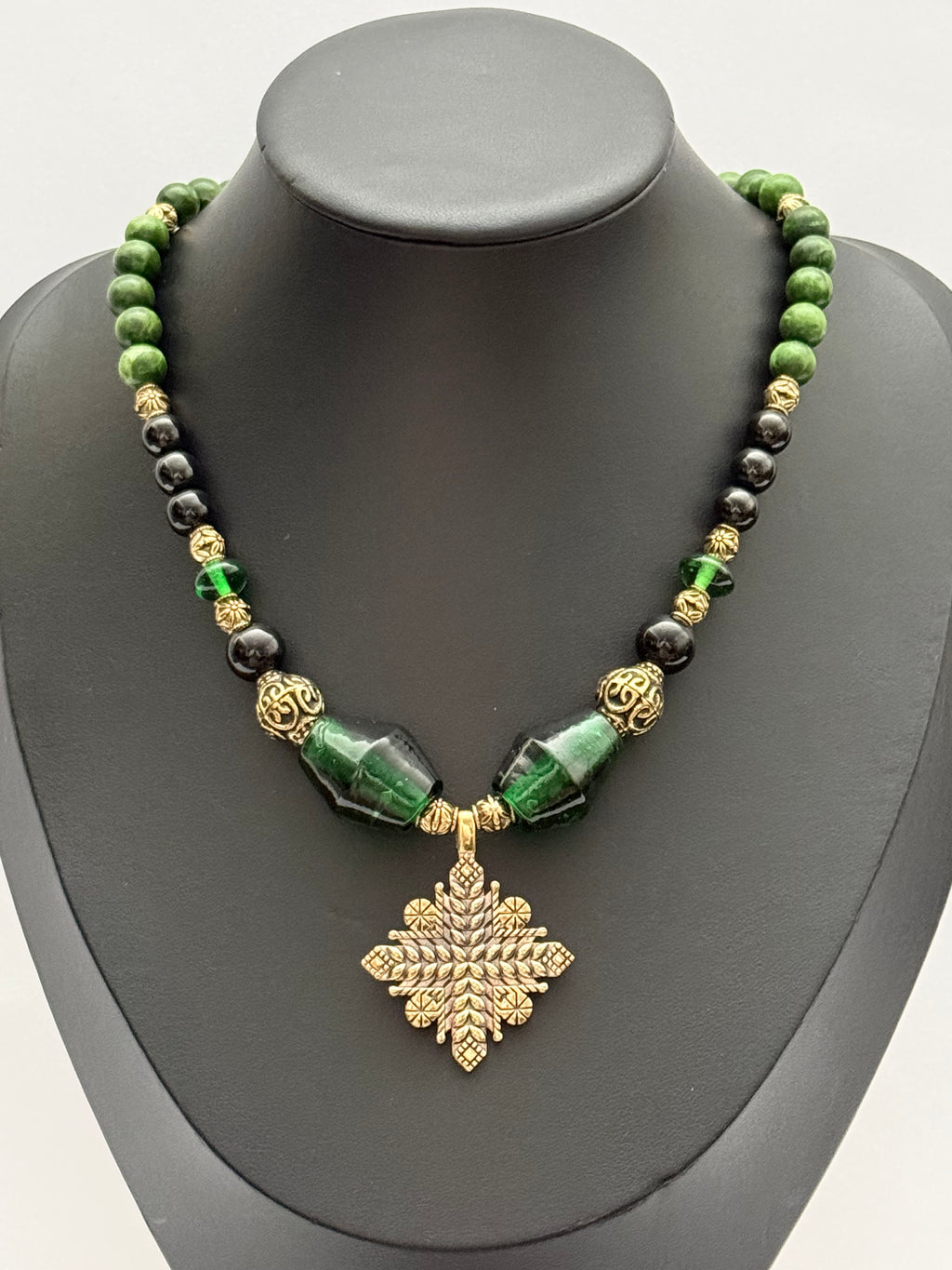 Green Murano Glass, Jade & Onyx Choker Necklace