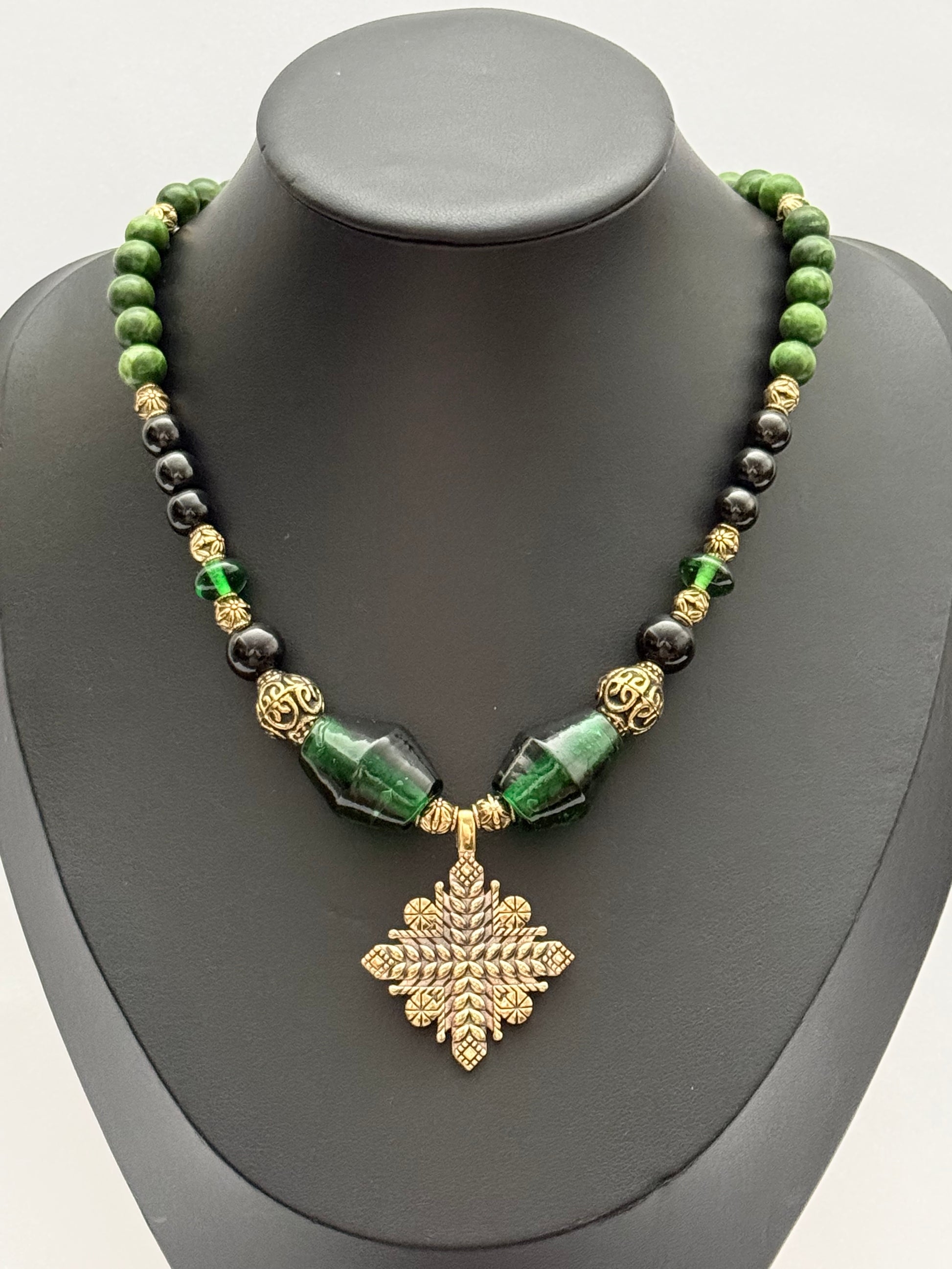 Green Murano Glass, Jade & Onyx Choker Necklace