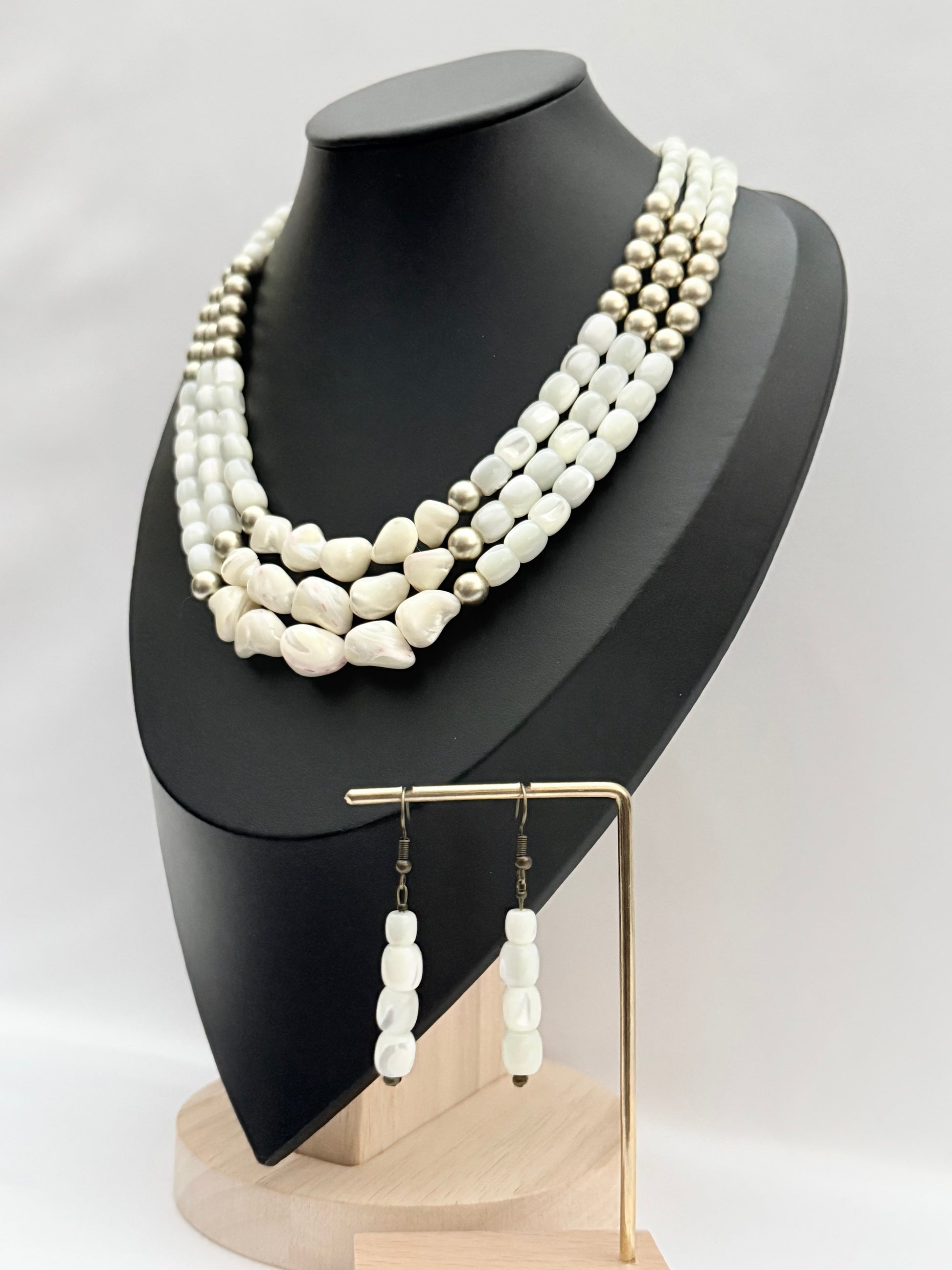 Three-Strand Mother-of-Pearl and Shell Necklace with Earrings