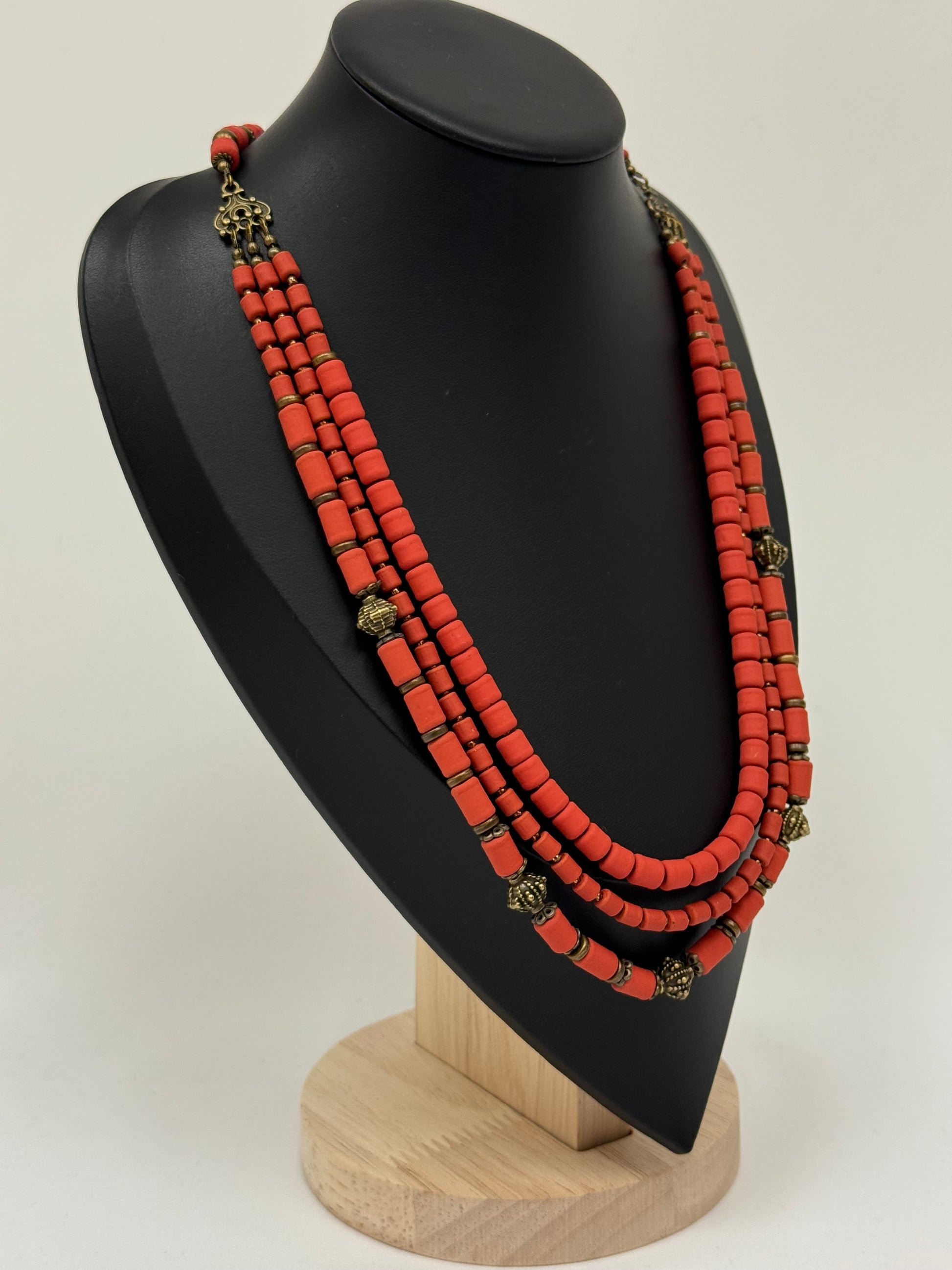 Three-Strand Necklace – Kosiv Ceramics with Brass Beads