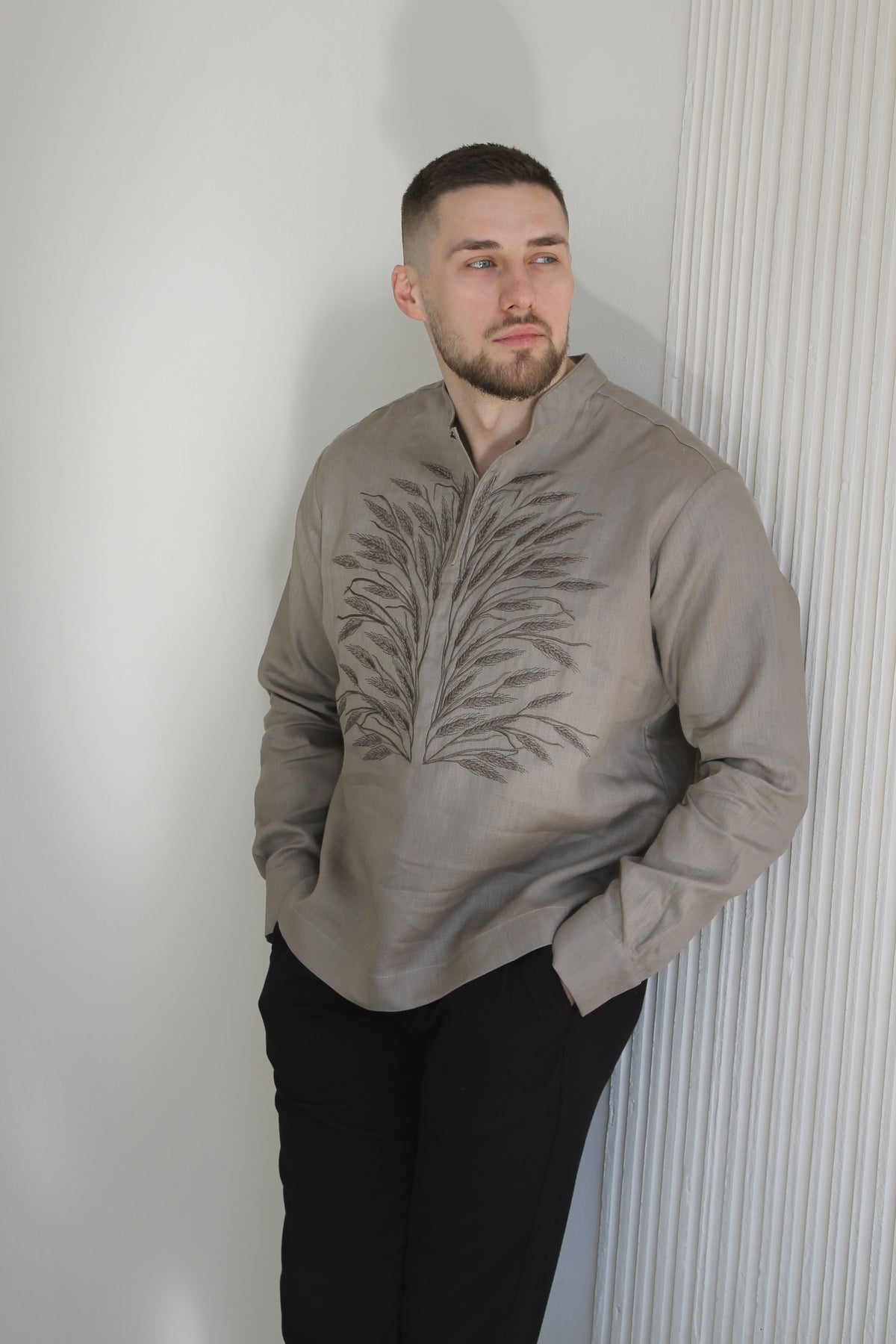 Men's Linen Vyshyvanka with Wheat Embroidery – Mocha