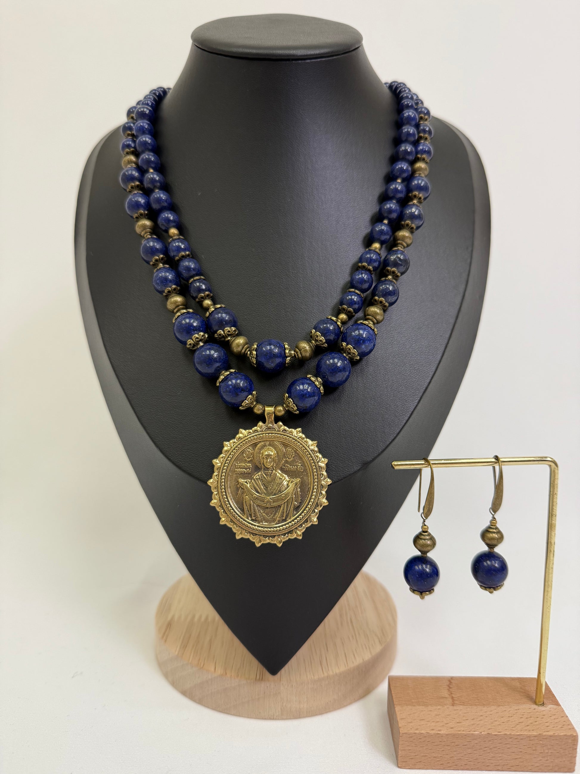 Natural Blue Stone Necklace with a Brass Pendant of the "Pokrovy Bohorodytsy"
