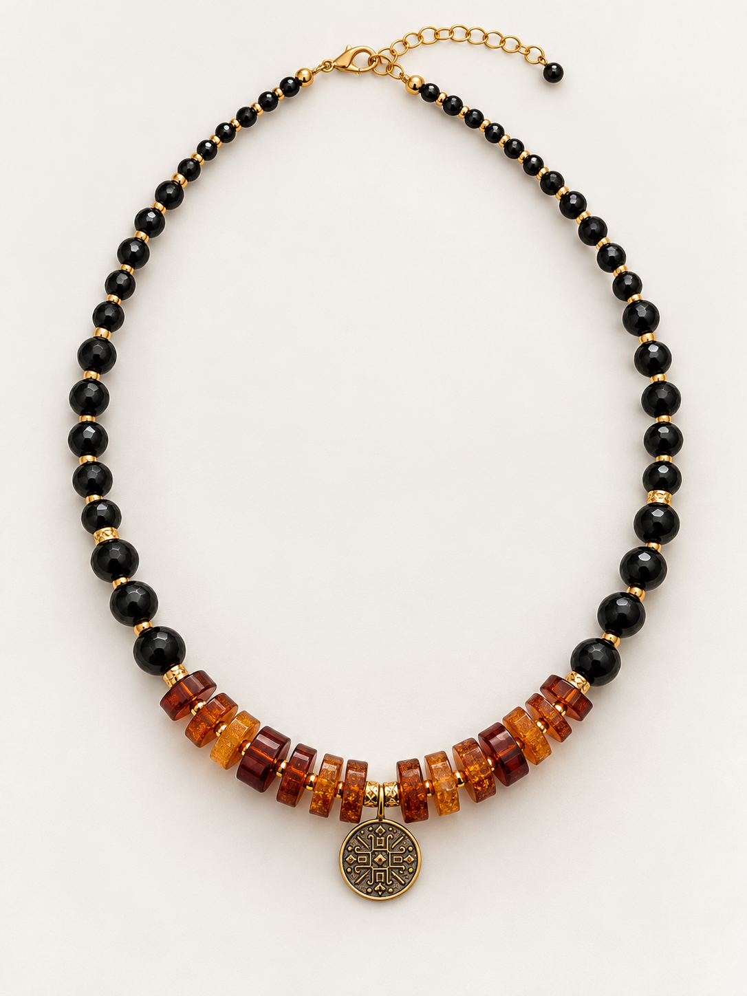 “Kryzhyk” Amber & Black Glass Bead Necklace with Brass Pendant