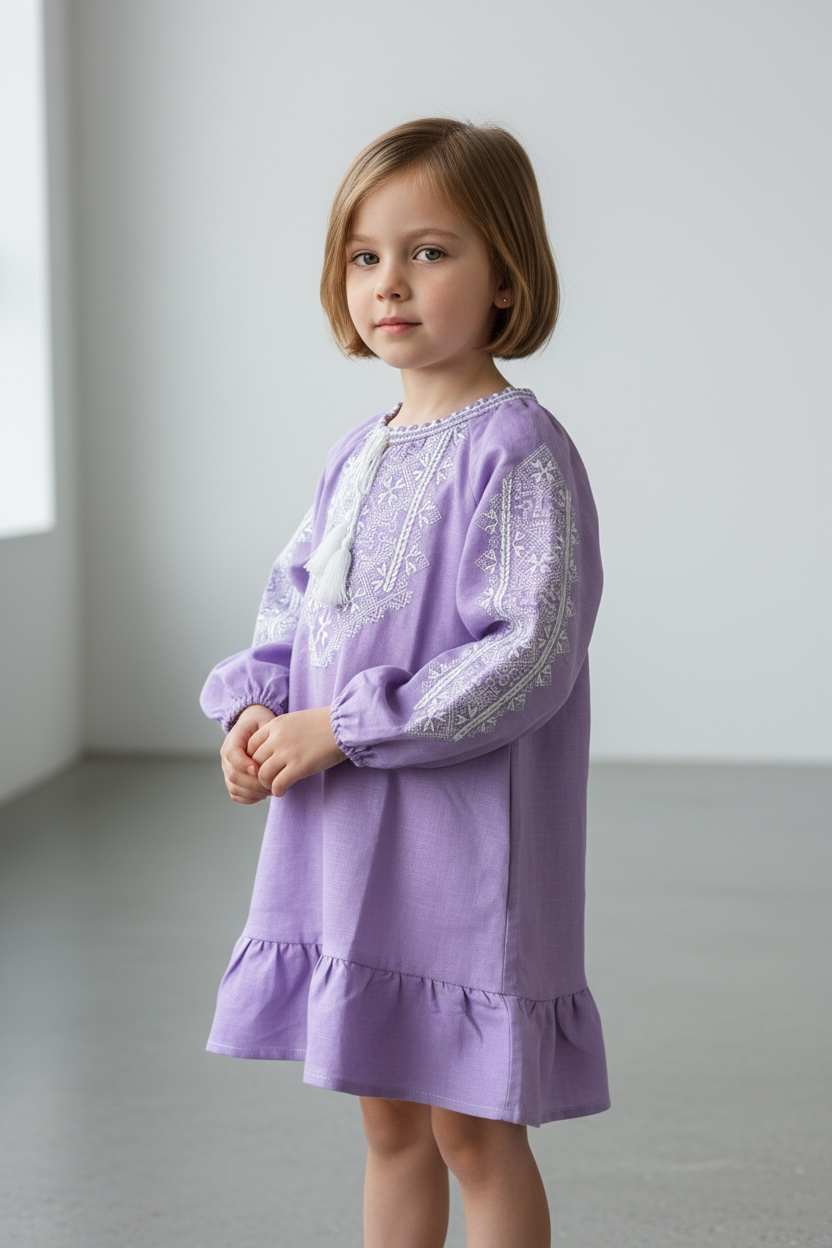 Girls Purple Linen Vyshyvanka Dress Long Sleeve In Ukrainian Traditions