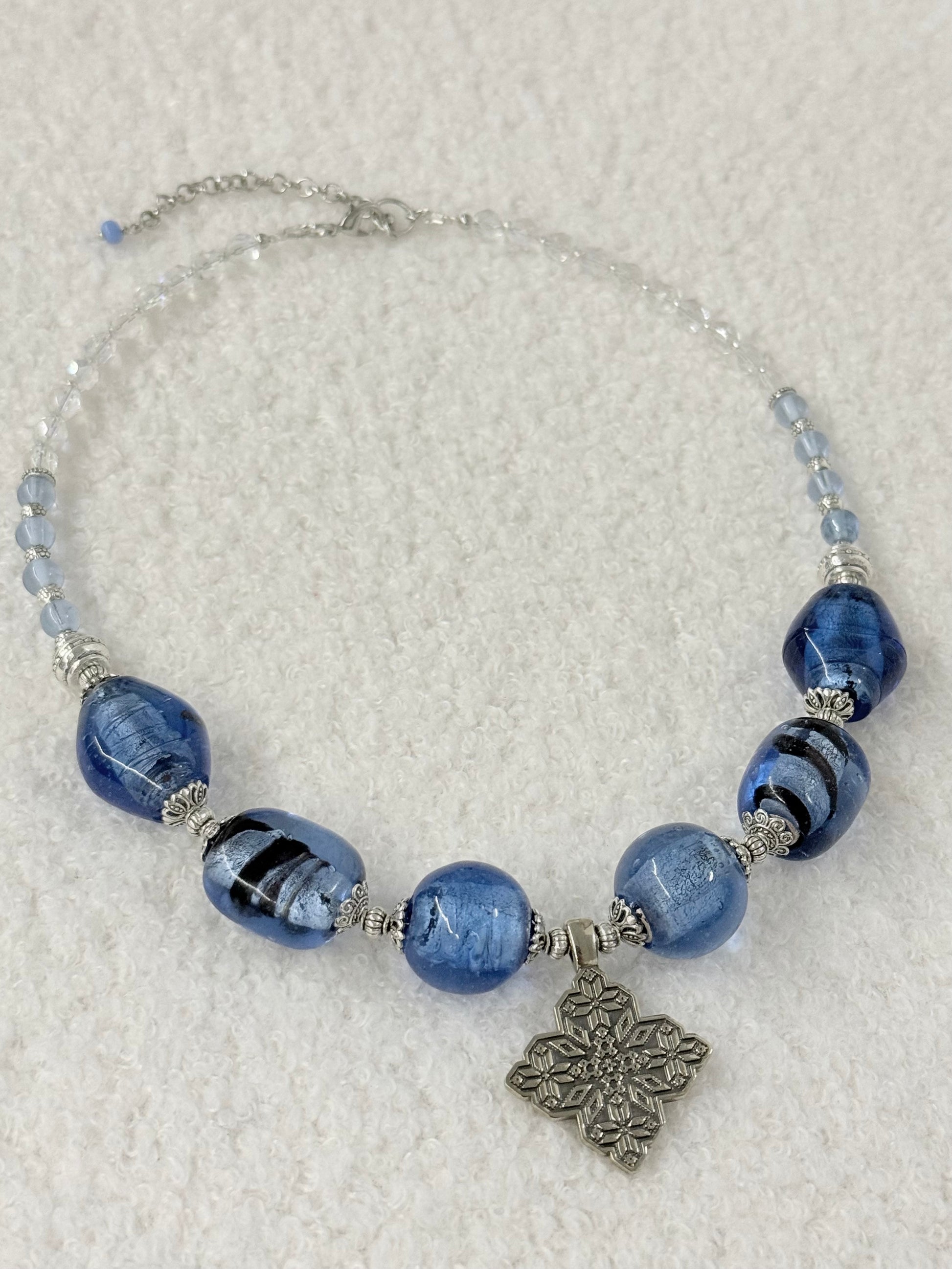 Blue Murano Glass Necklace with Symbolic German Silver Pendant