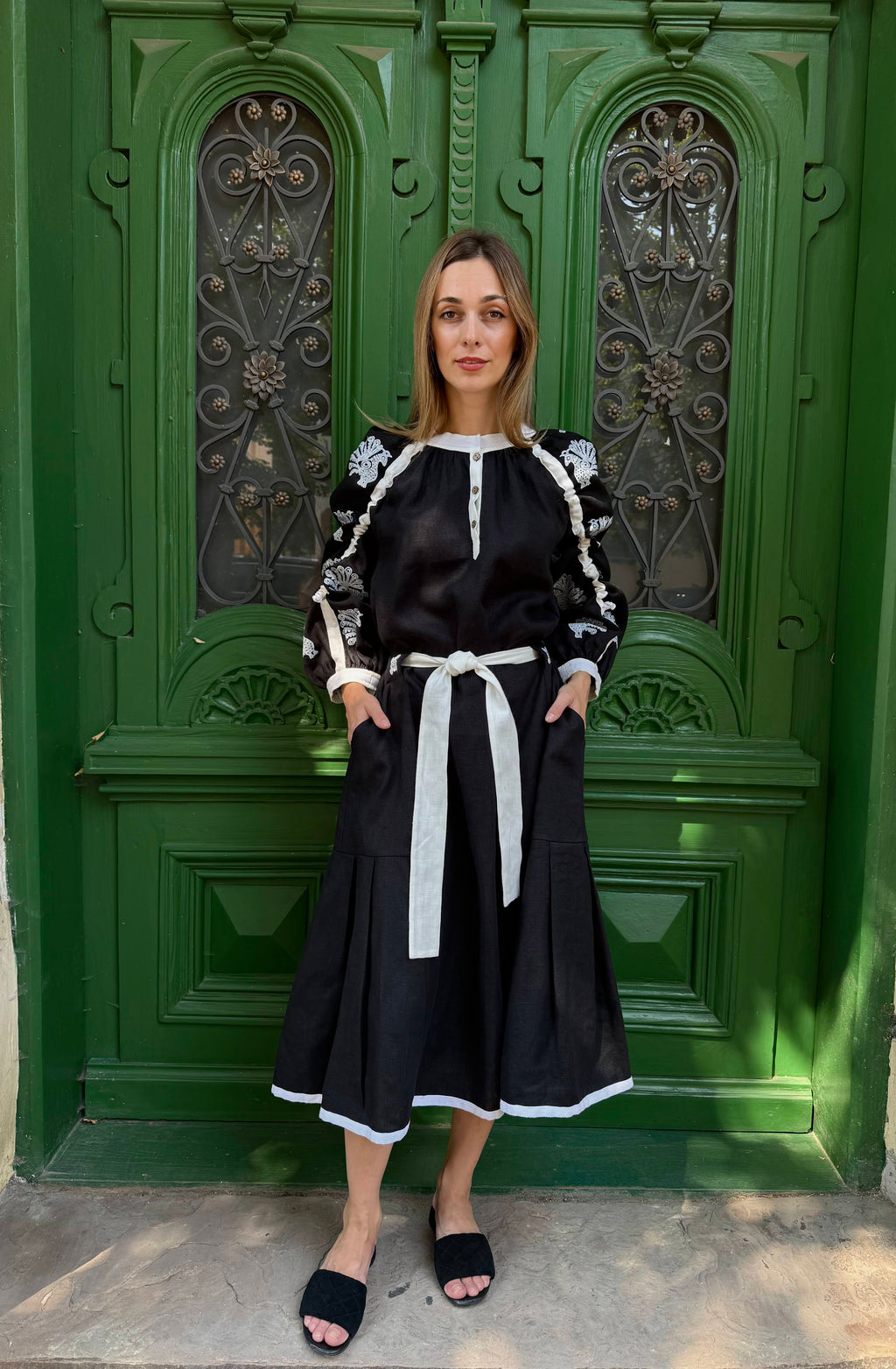 Women's Black Ukrainian Embroidered Midi Dress with White Belt