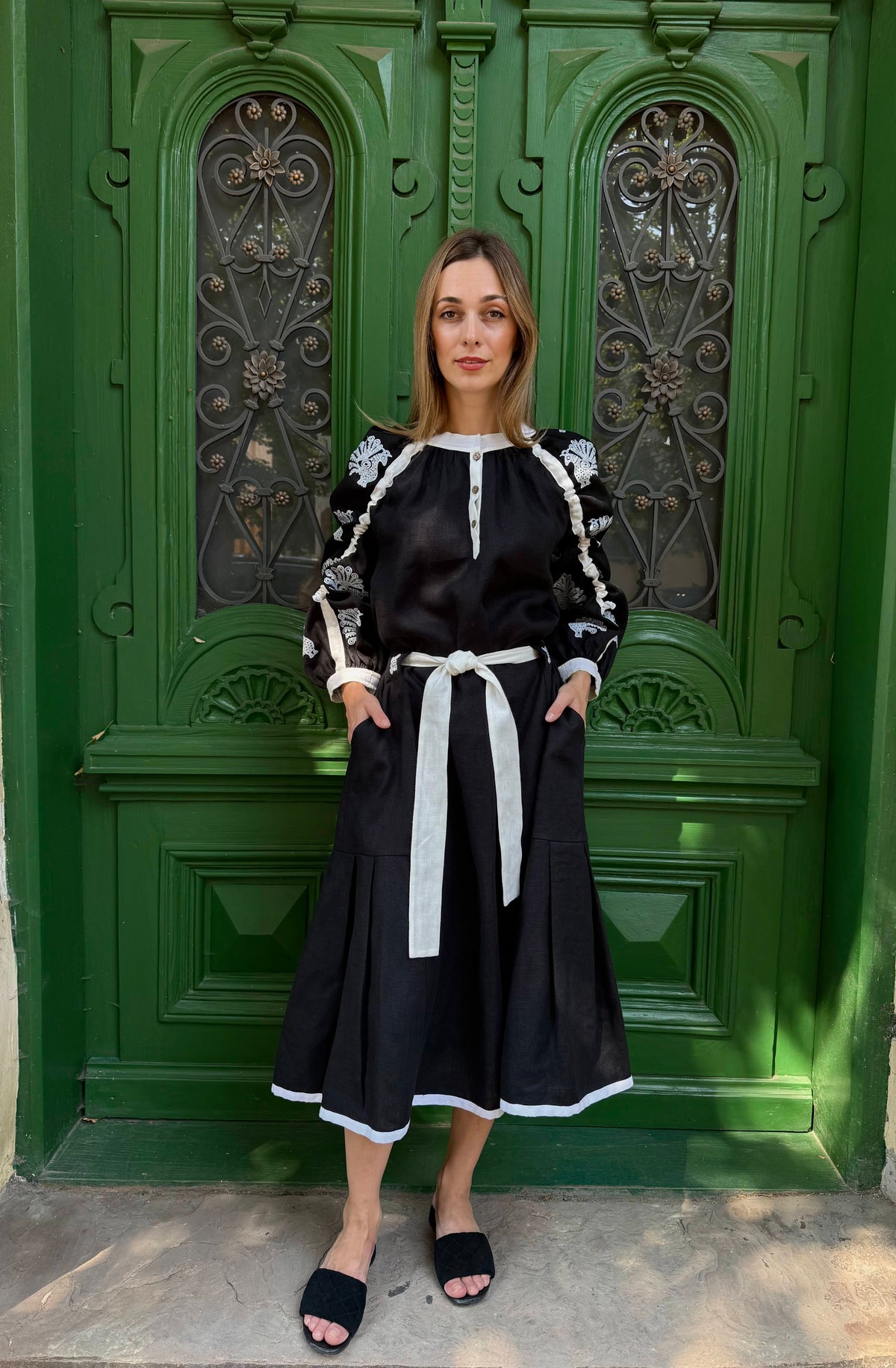 Women's Black Ukrainian Embroidered Midi Dress with White Belt