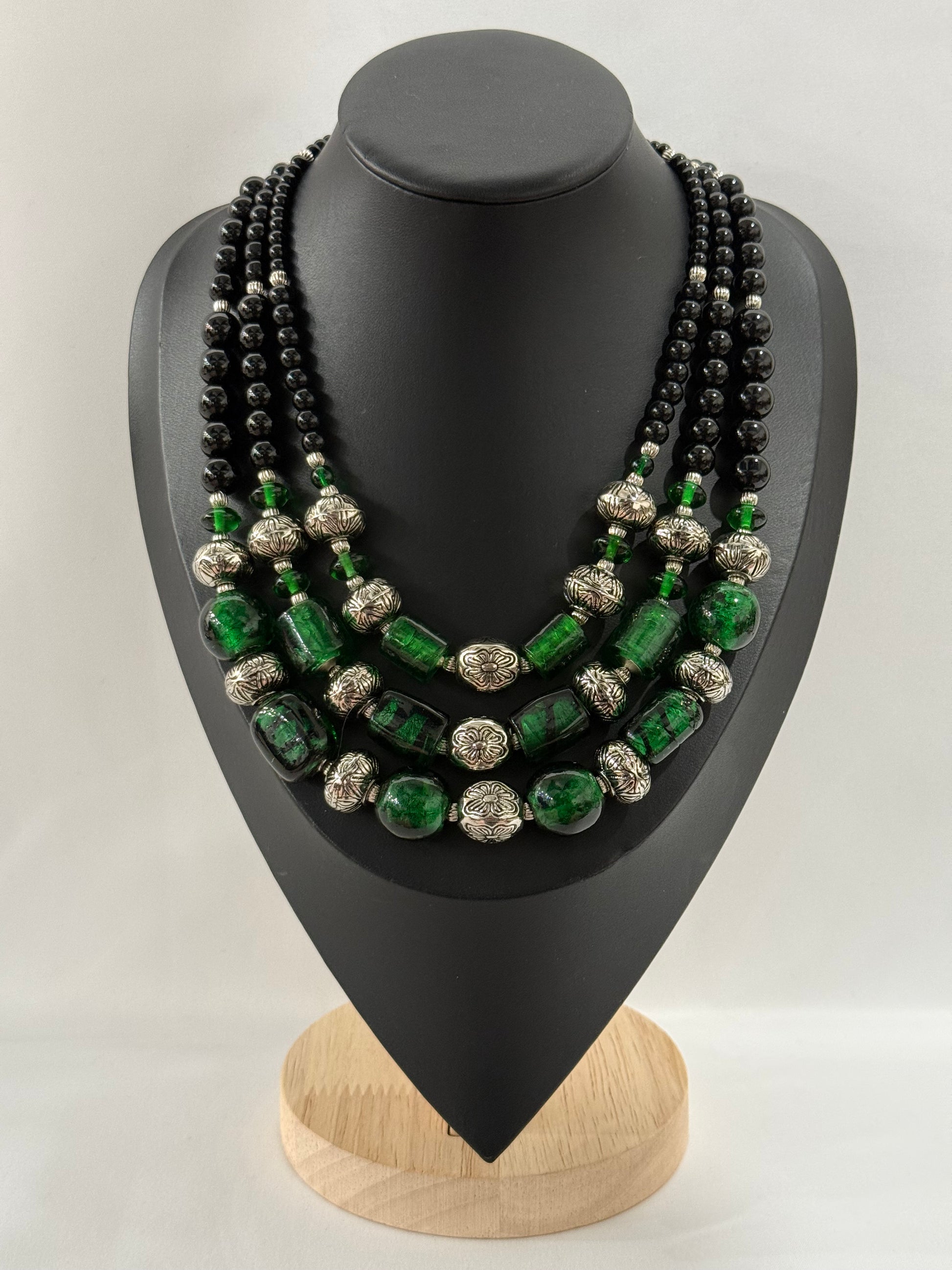 Triple-Strand Luxury Necklace in Vintage Murano Green Glass | Three Strands
