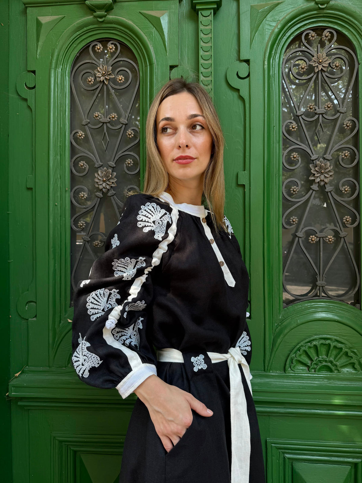Women's Black Ukrainian Embroidered Midi Dress with White Belt