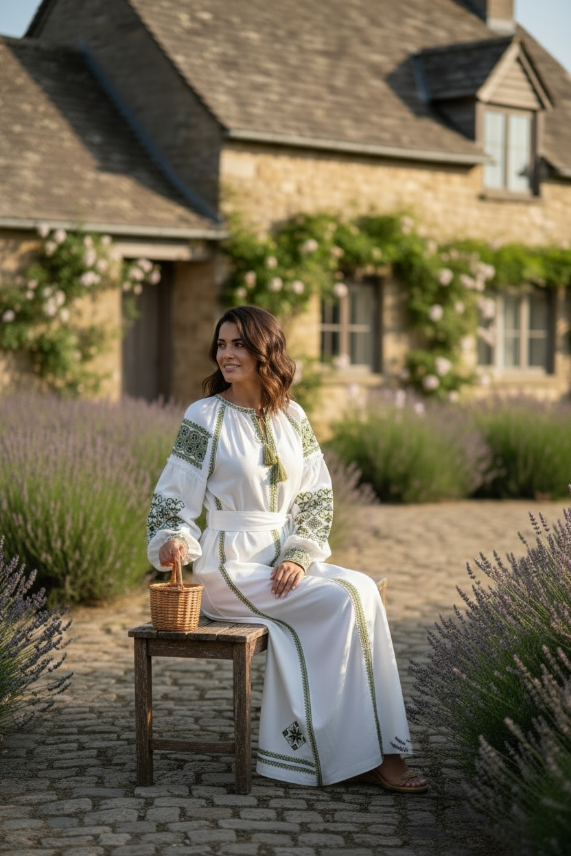 Embroidered dress "Elegance" (white/green)