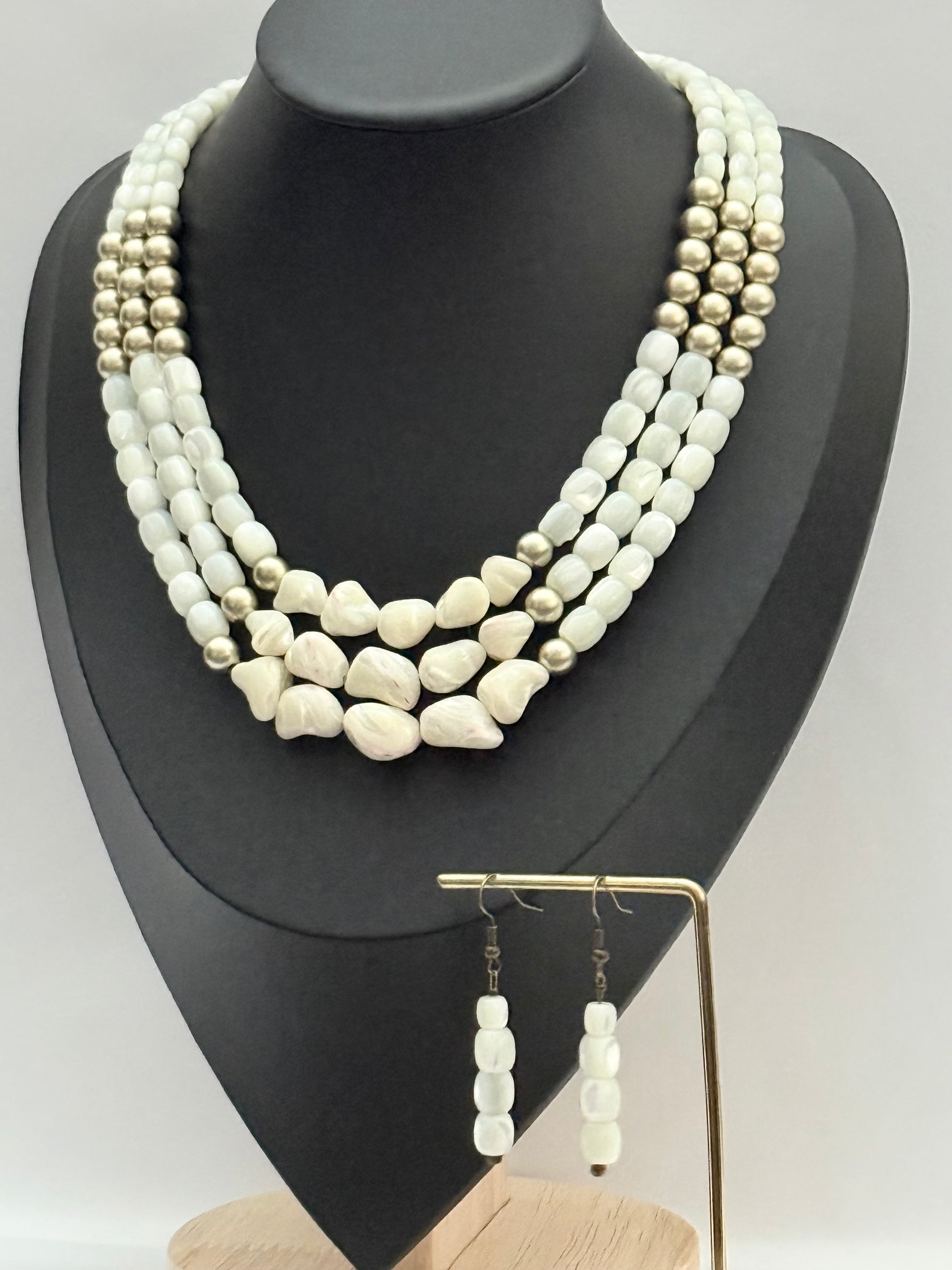 Three-Strand Mother-of-Pearl and Shell Necklace with Earrings