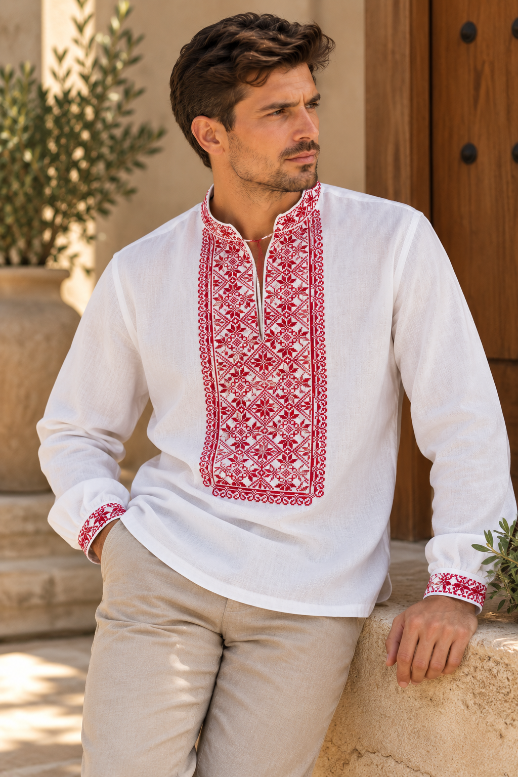 Men's White Ukrainian Vyshyvanka with Red Geometric Embroidery