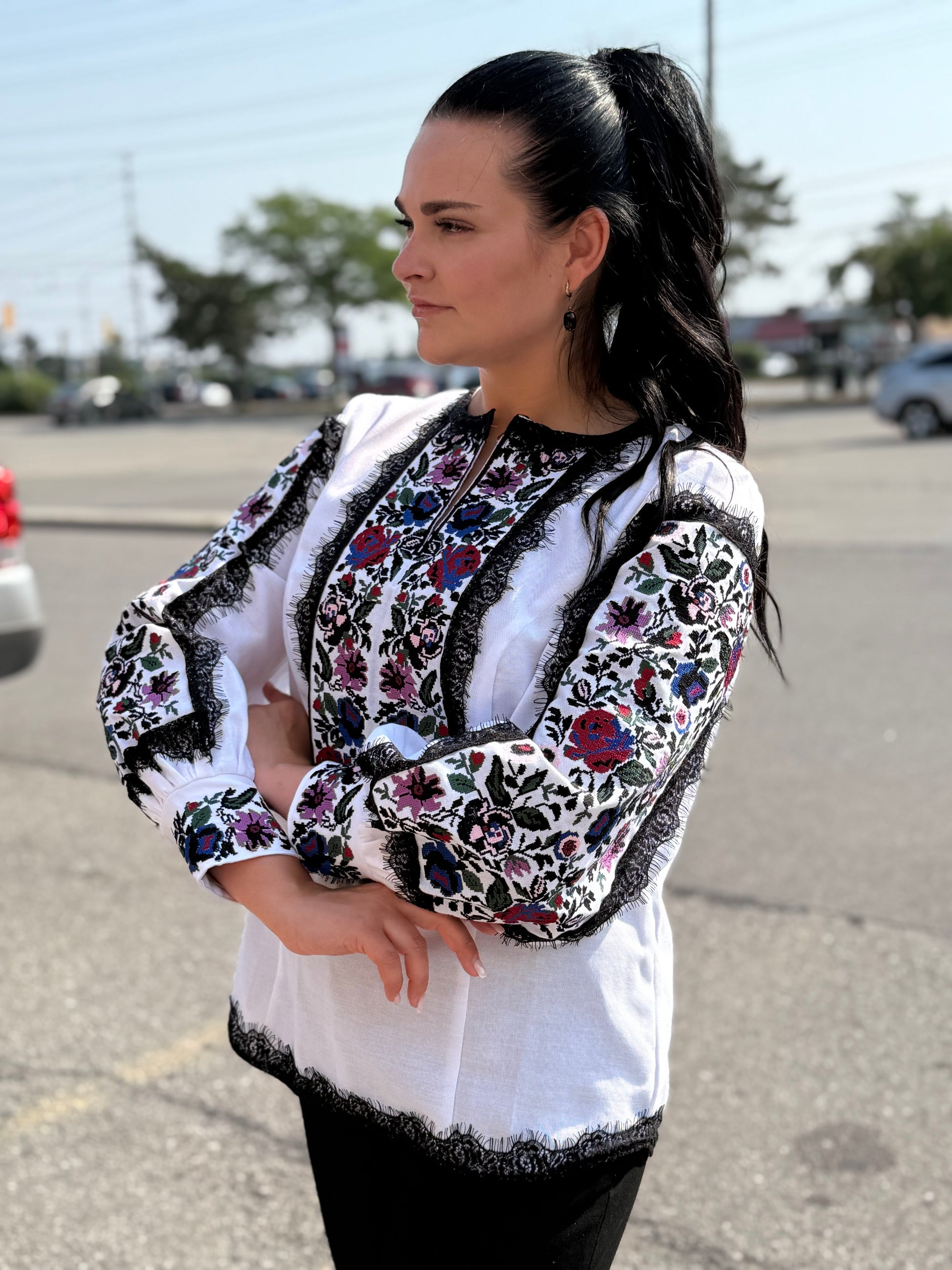 Women’s Embroidered Shirt "Kucheriava" – White Ukrainian Vyshyvanka with Floral Motifs