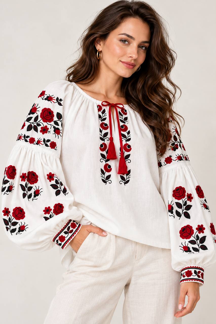 Women's White Ukrainian Embroidered Blouse with Red Roses
