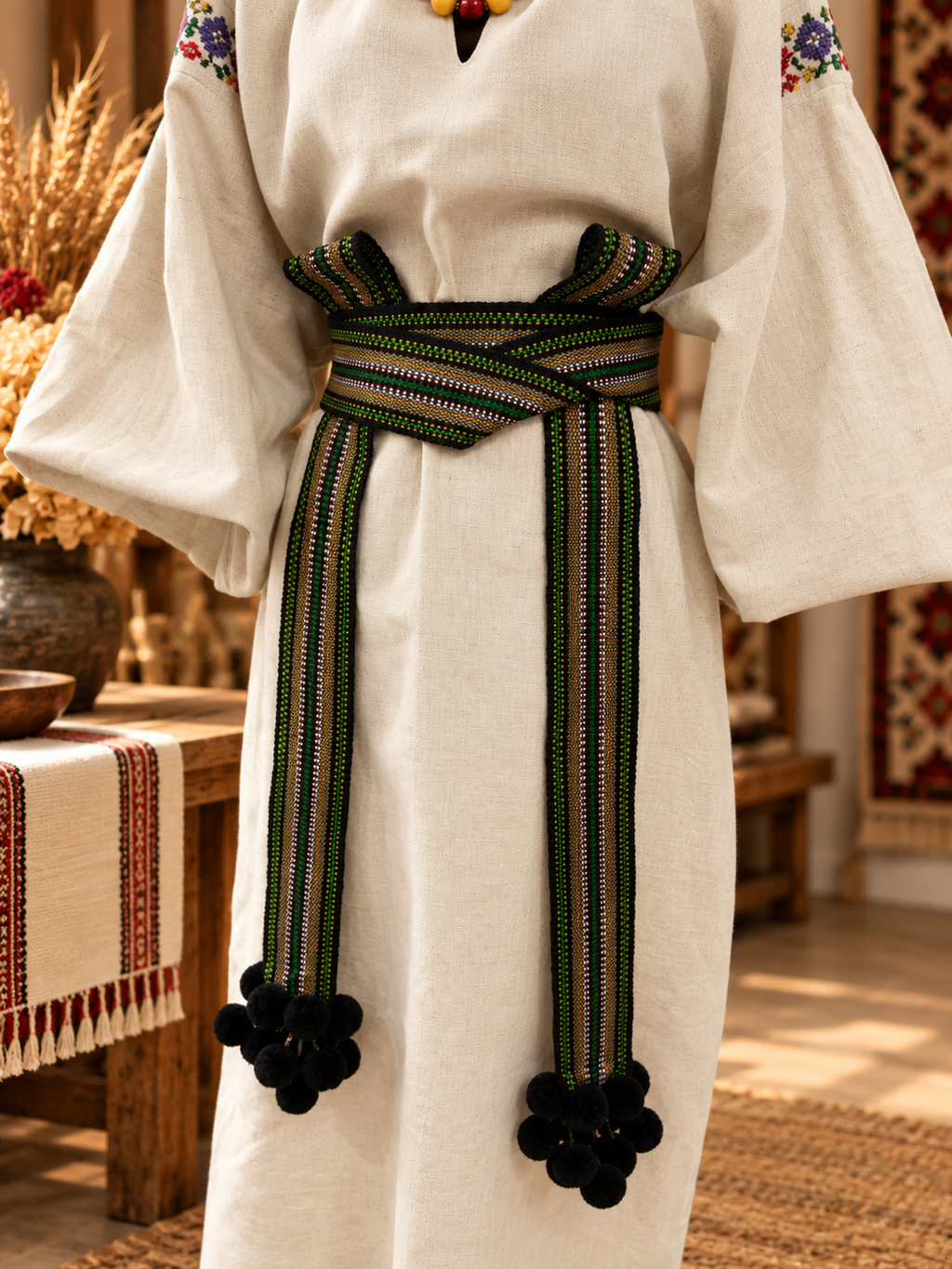 Traditional Women’s Ukrainian Kraika With Green Gray Tassels