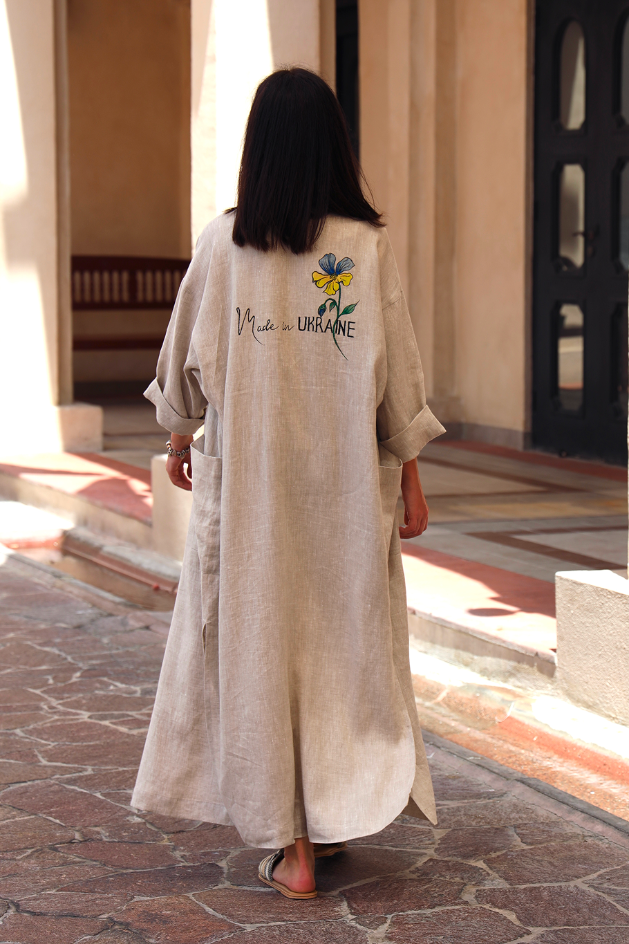 Linen Maxi Cardigan with Pattern