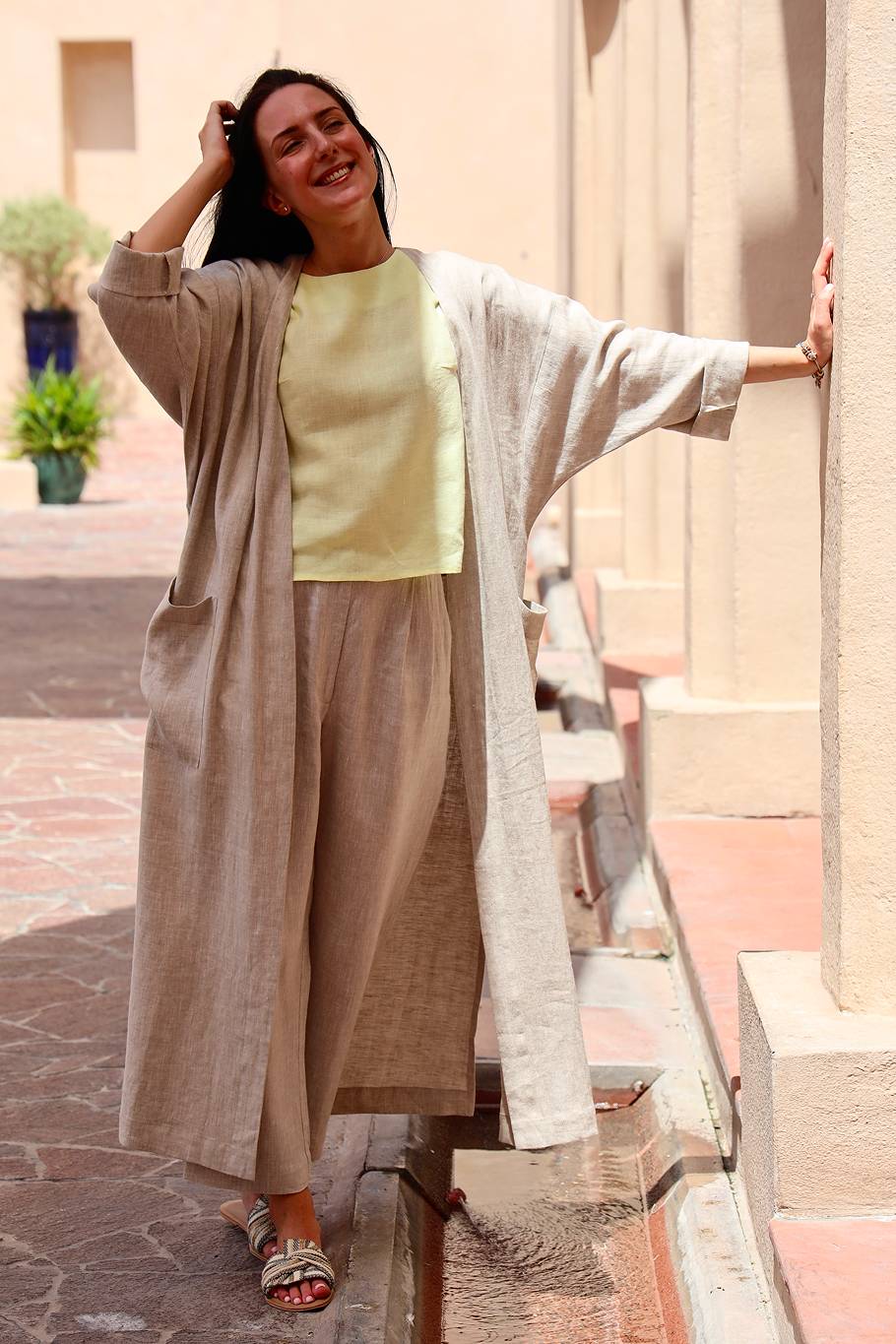 Linen Maxi Cardigan with Pattern