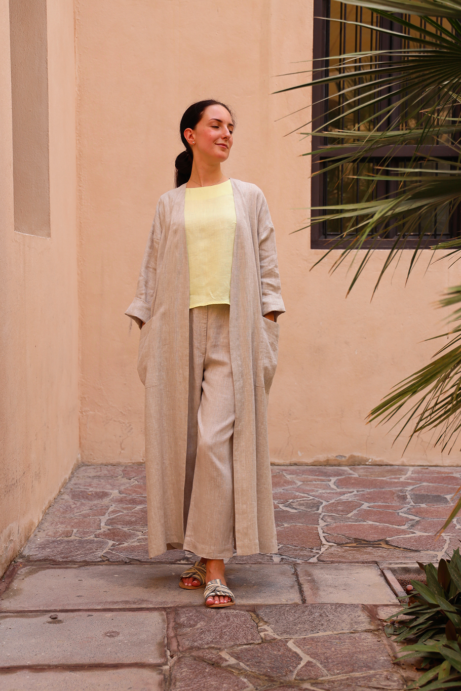 Linen Maxi Cardigan with Pattern