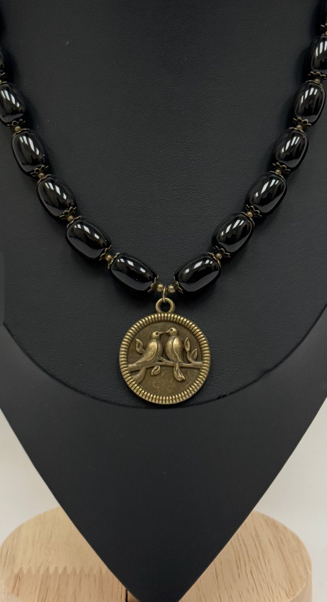 Black Agate Necklace with Nightingale Pendant