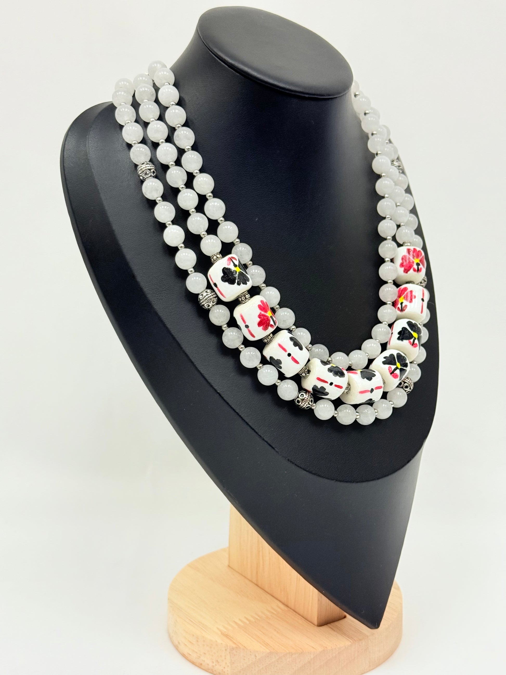 Three-Strand White Jade Necklace with Handmade Ceramic Beads