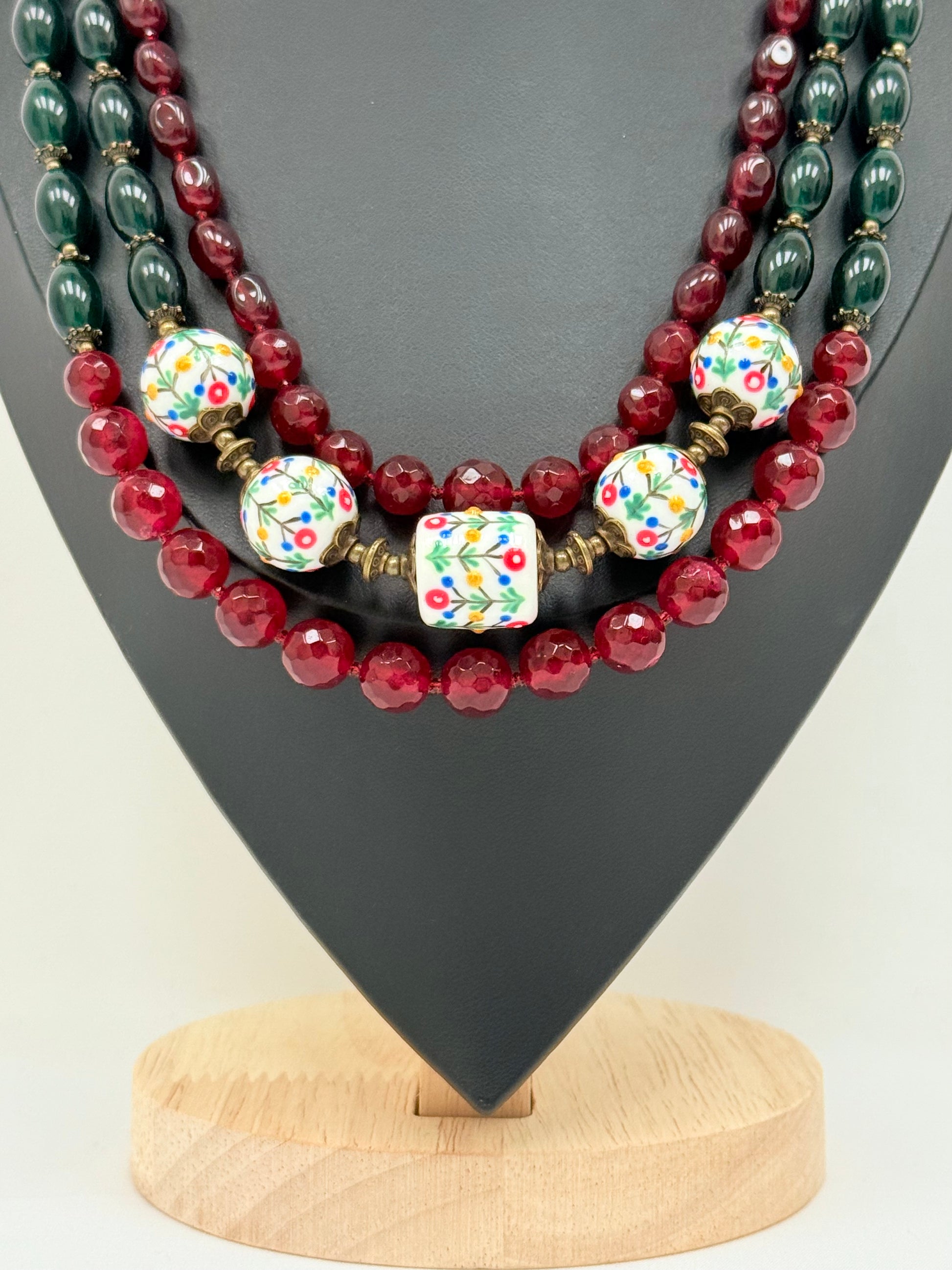 Three-Strand Chalcedony Necklace with Handmade Ceramic Beads