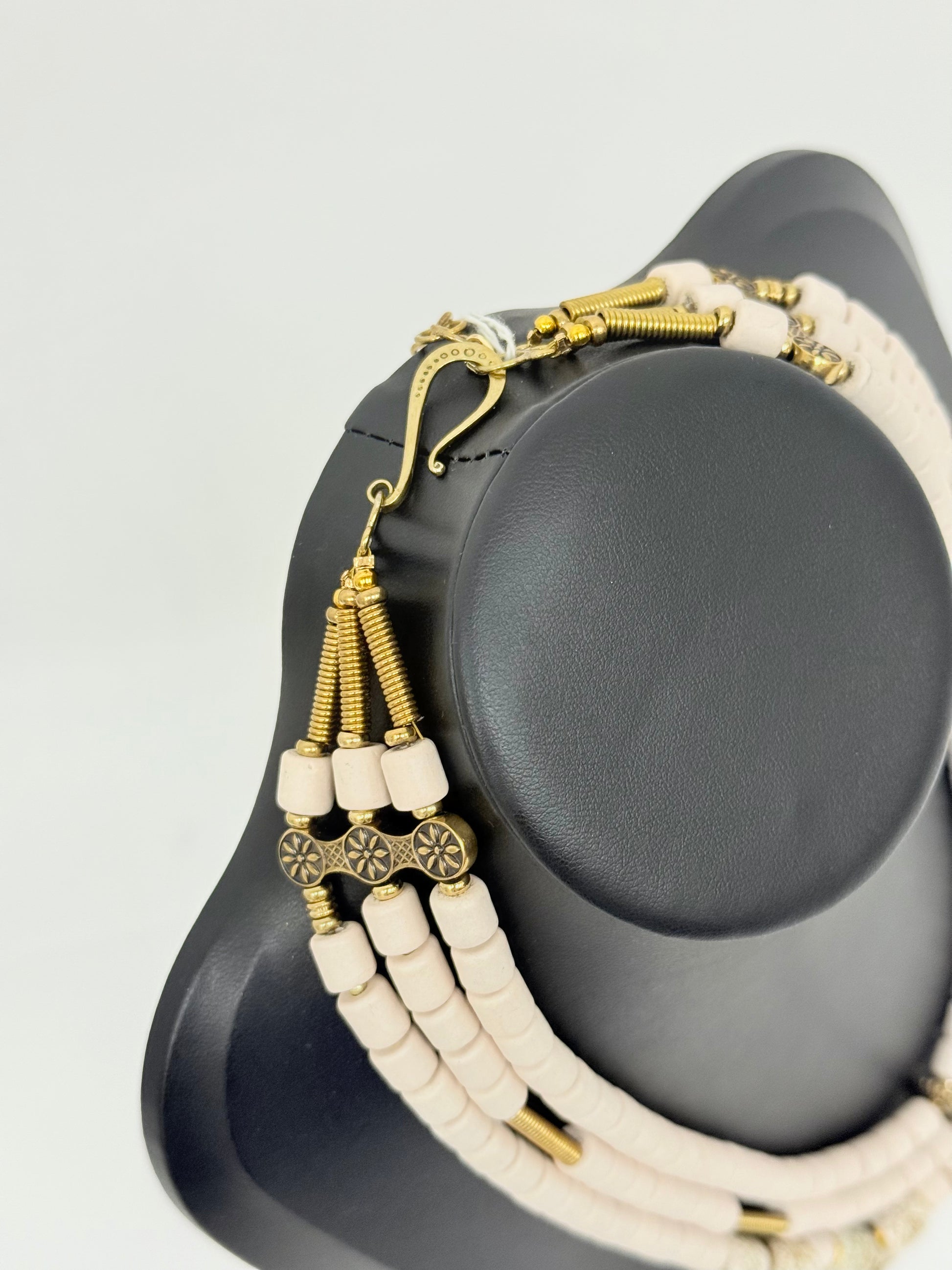 Three-Strand Traditional Ukrainian Necklace with Light Kosiv Ceramic and Brass Zgarda Crosses