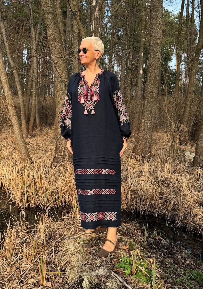 Hand-Embroidered Dark Blue Linen Dress