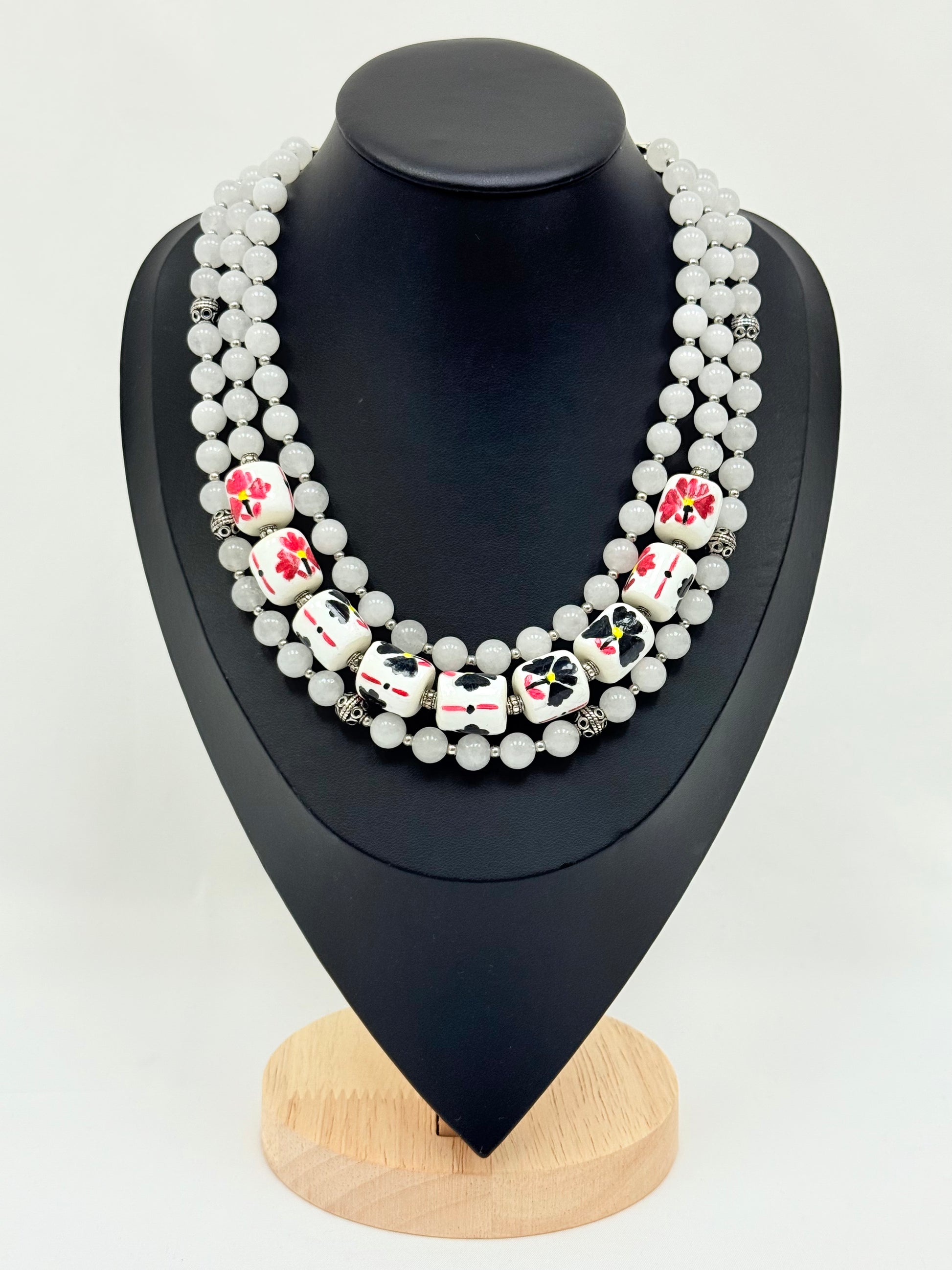 Three-Strand White Jade Necklace with Handmade Ceramic Beads