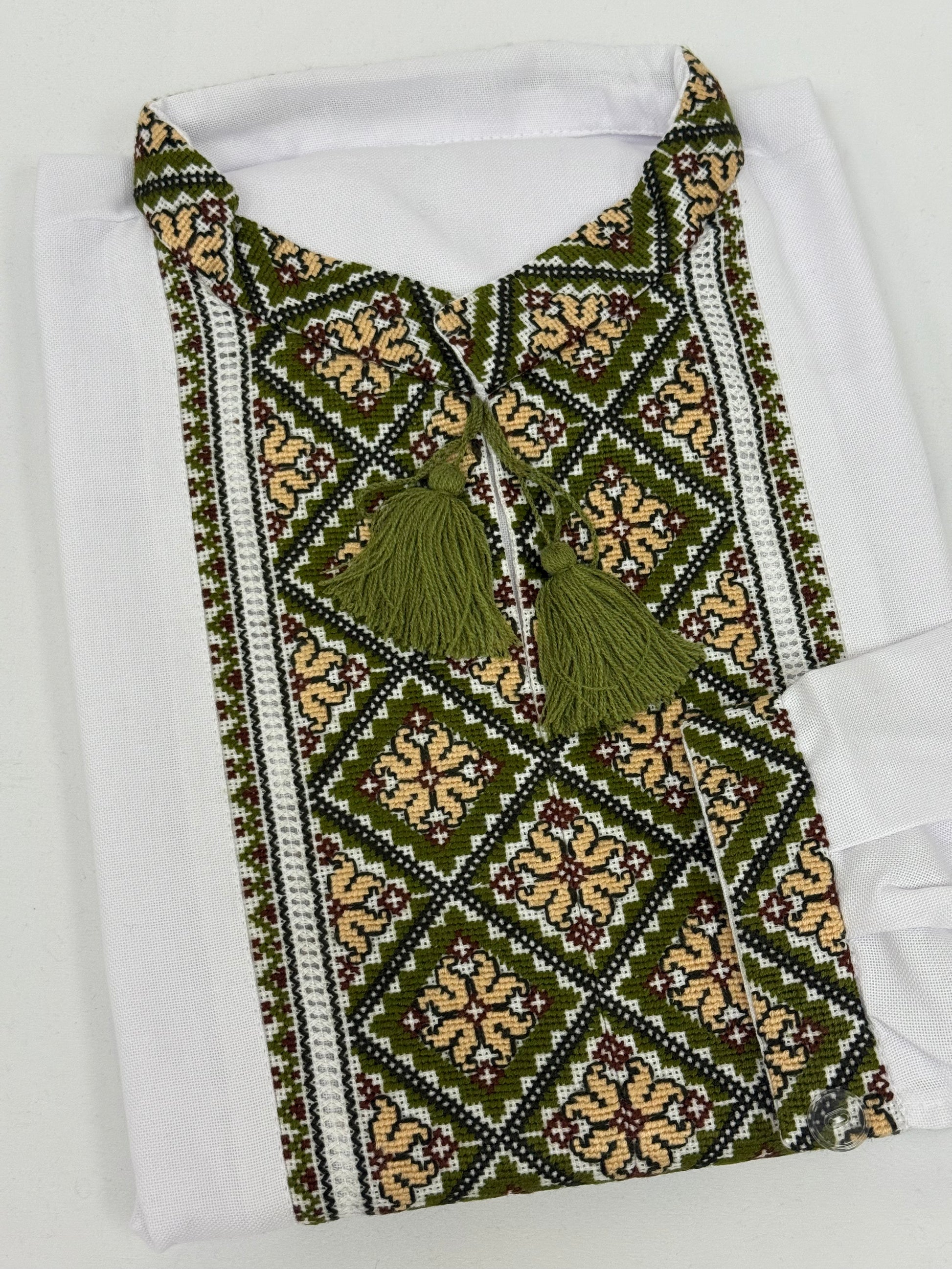 Men’s White Vyshyvanka with Traditional Green Hand Embroidery