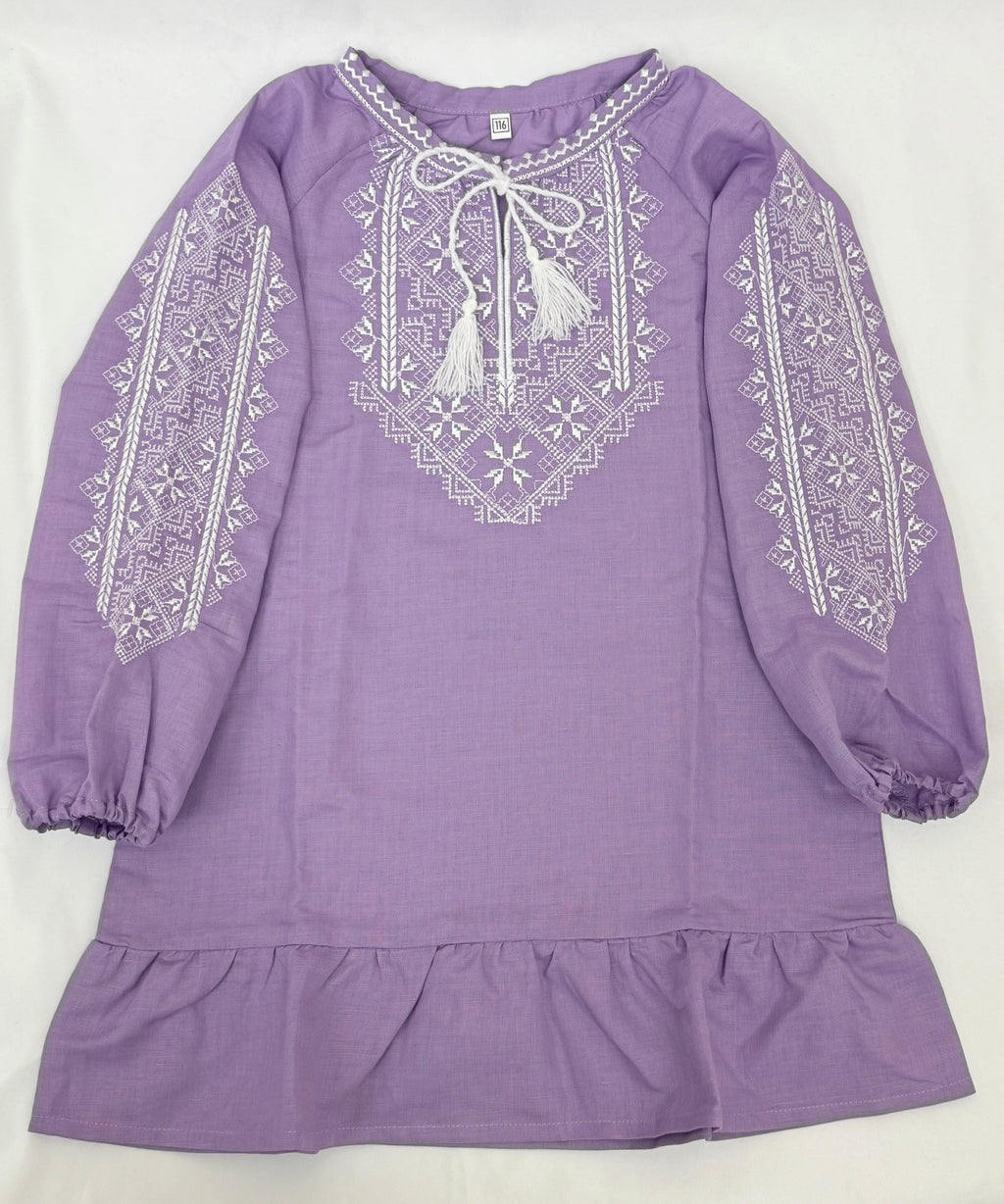 Girls Purple Linen Vyshyvanka Dress Long Sleeve In Ukrainian Traditions