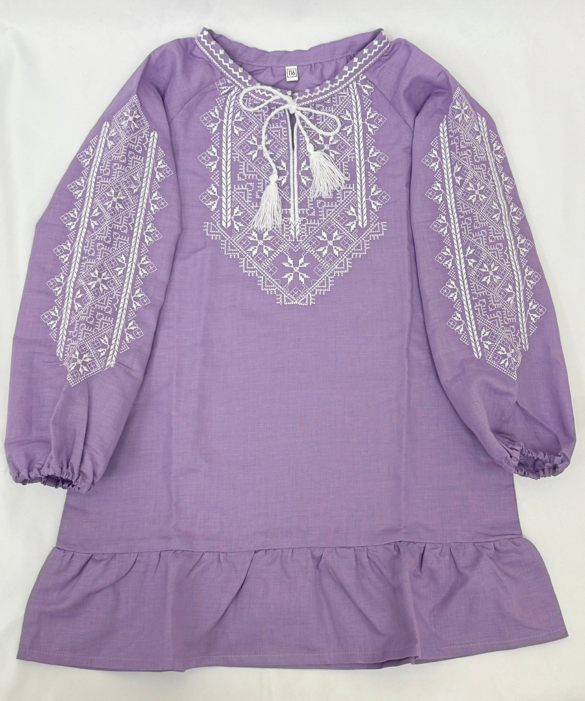 Girls Purple Linen Vyshyvanka Dress Long Sleeve In Ukrainian Traditions